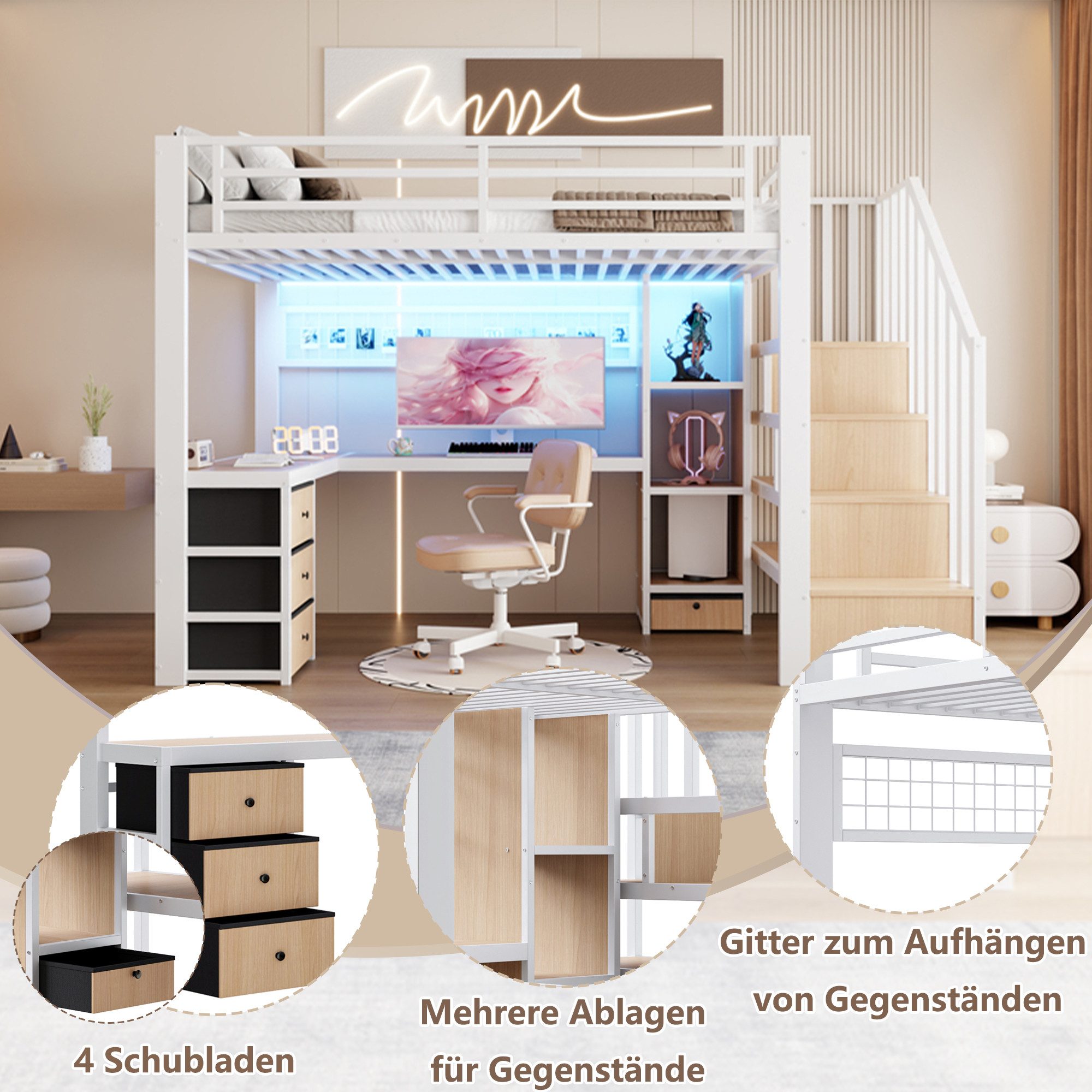 MODFU Hochbett Jugendbett mit 4 Schubladen, Ablagefach, Schreibtisch (Funktionsbett Metallbett mit Stauraumtreppe und LED-Lichtleiste, Stauraumbett 90x200 cm) Inklusive Matratze