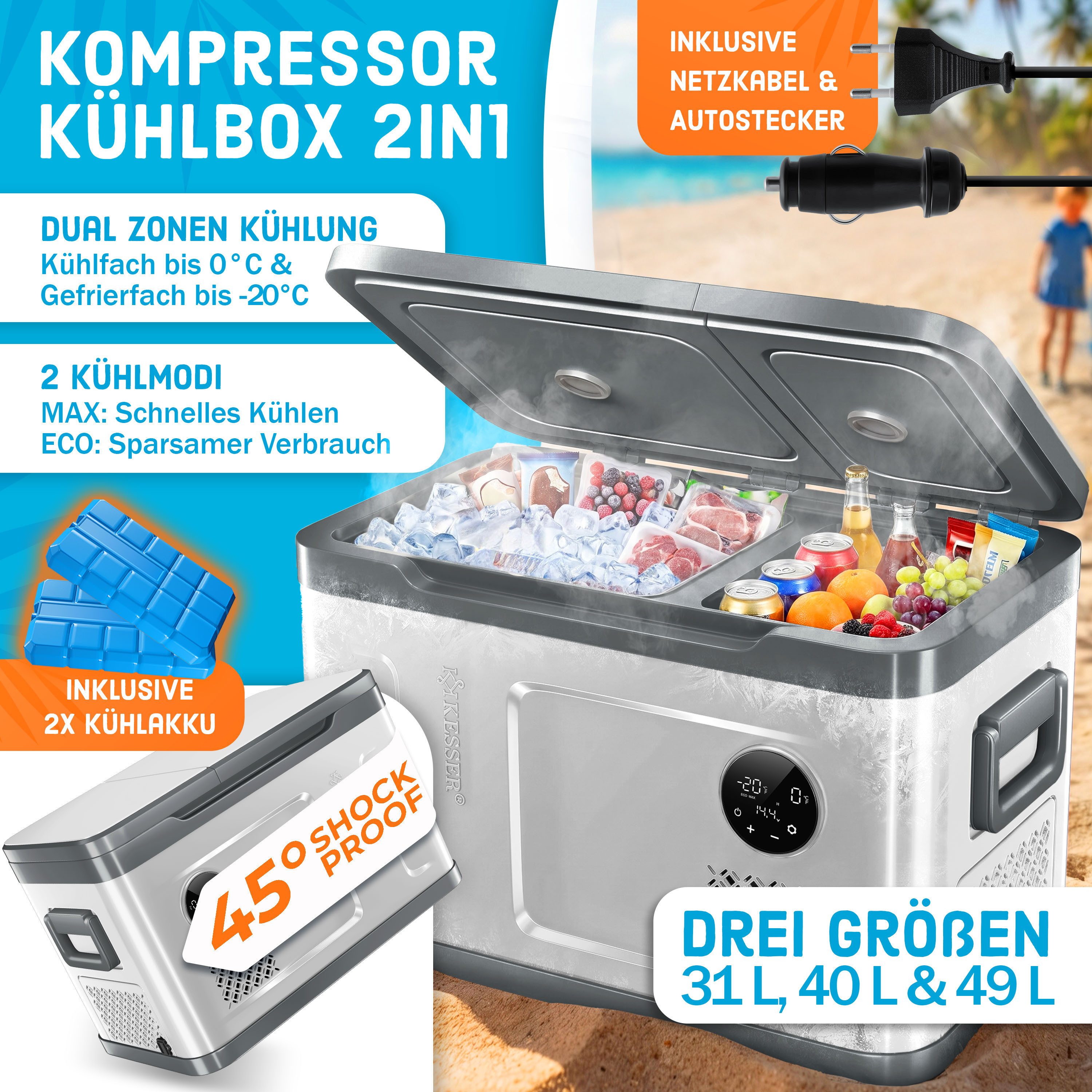 KESSER Kühlbox Kompressor 2in1 Doppelzone Kühl & Gefrierfach elektrische Gefrierbox, 40 l, mit 2x Kühlakkus & LED-Touch-Bedienung Kühlschrank bis -20 °C