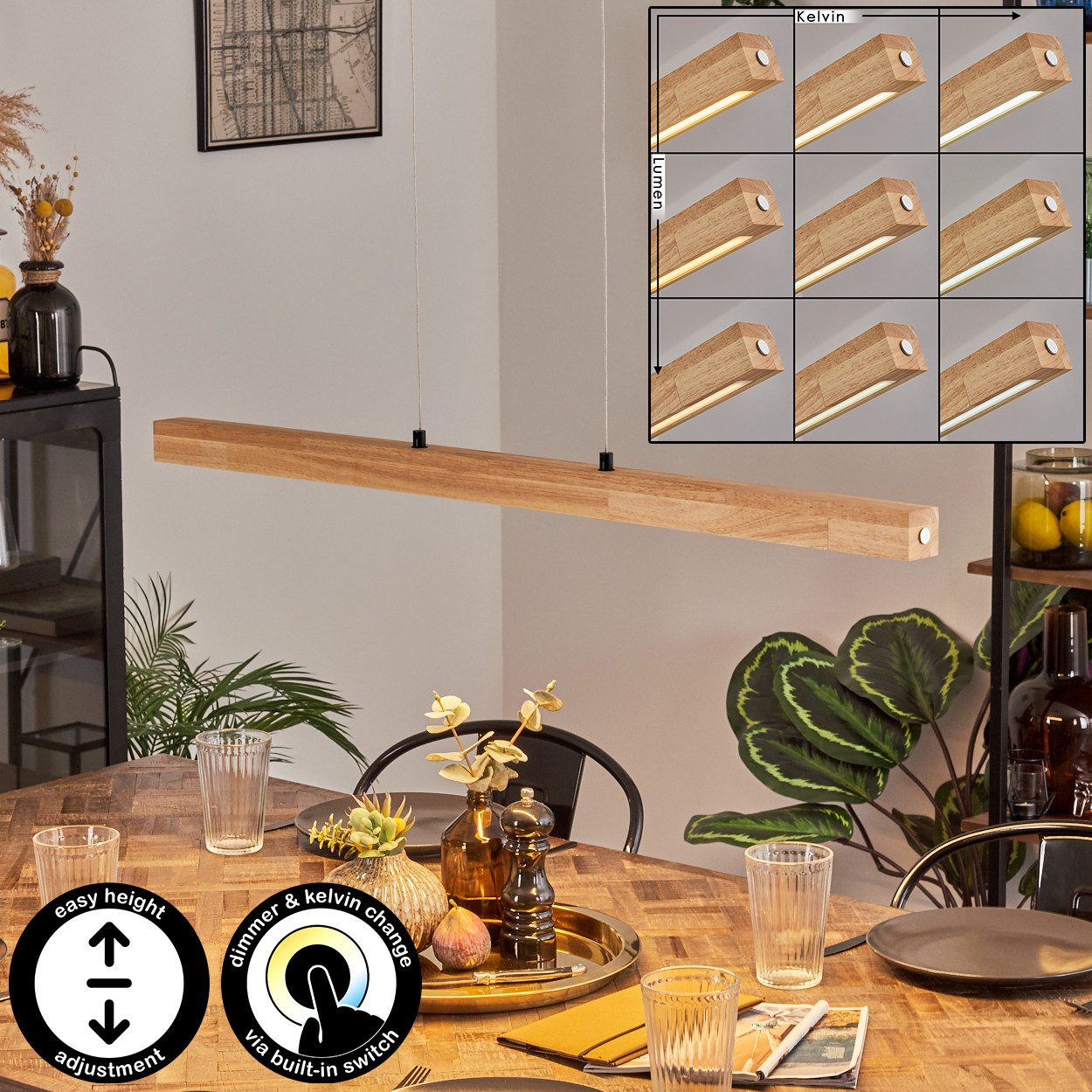 hofstein Pendelleuchte dimmbare Hängelampe aus Metall/Holz/Kunststoff in Schwarz/Naturfarben, LED wechselbar, 3000-6000 Kelvin, skandinavisches Design, Touchdimmer, LED 24 Watt, 2550 Lumen
