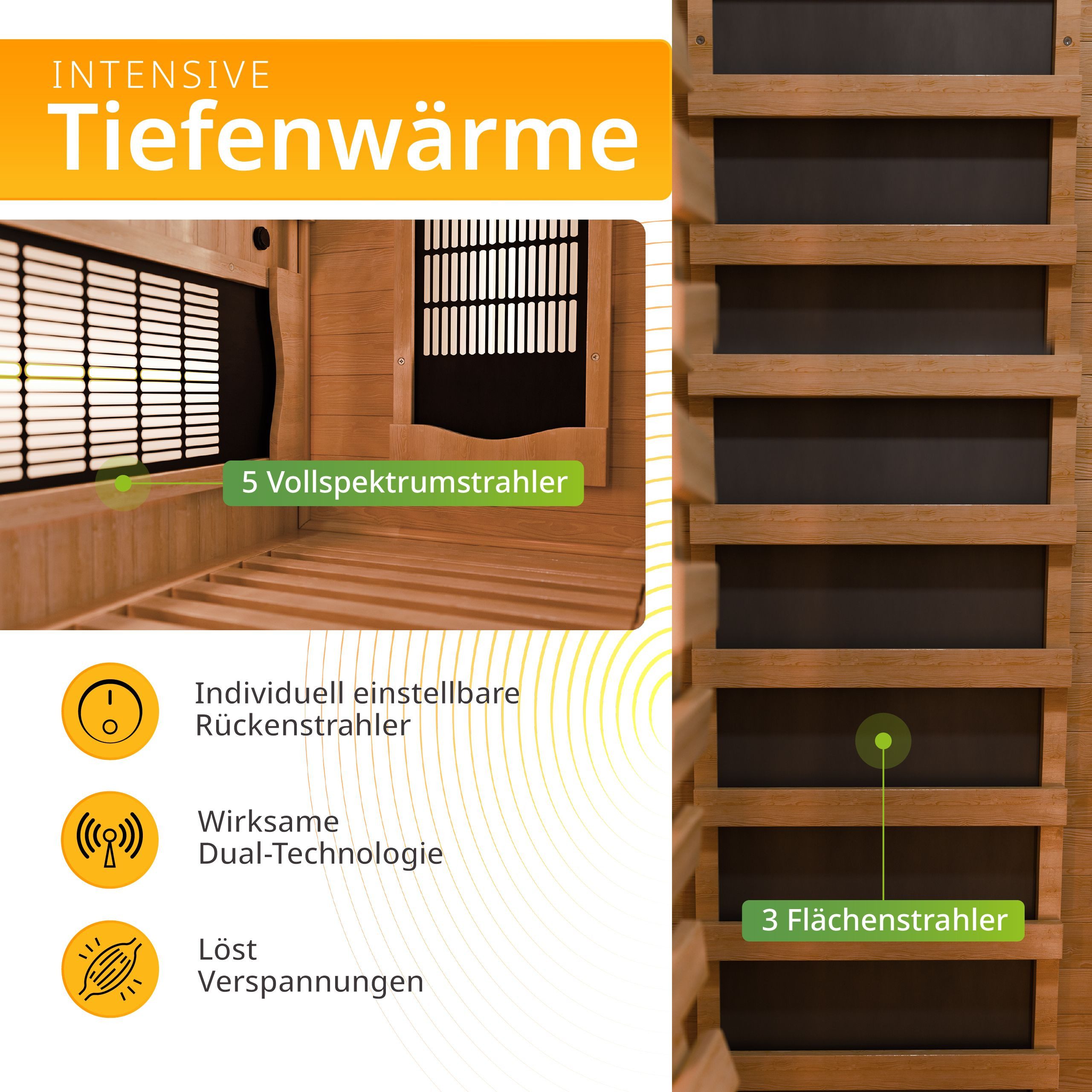 Artsauna Infrarotkabine Kiruna120 Dual Technologie, BxTxH: 120 x 105 x 190 cm, für 2 Personen, Hemlock-Holz, HiFi-System, Ionisator, LED-Farblicht