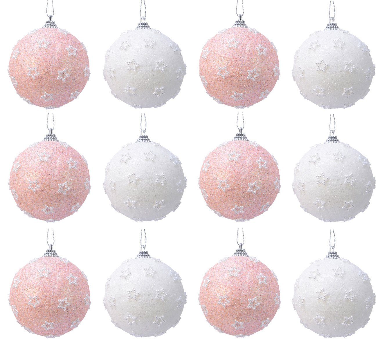 Decoris season decorations Weihnachtsbaumkugel, Weihnachtskugeln Kunststoff 8cm Perlen Sterne 12er Set - Rosa / Weiß