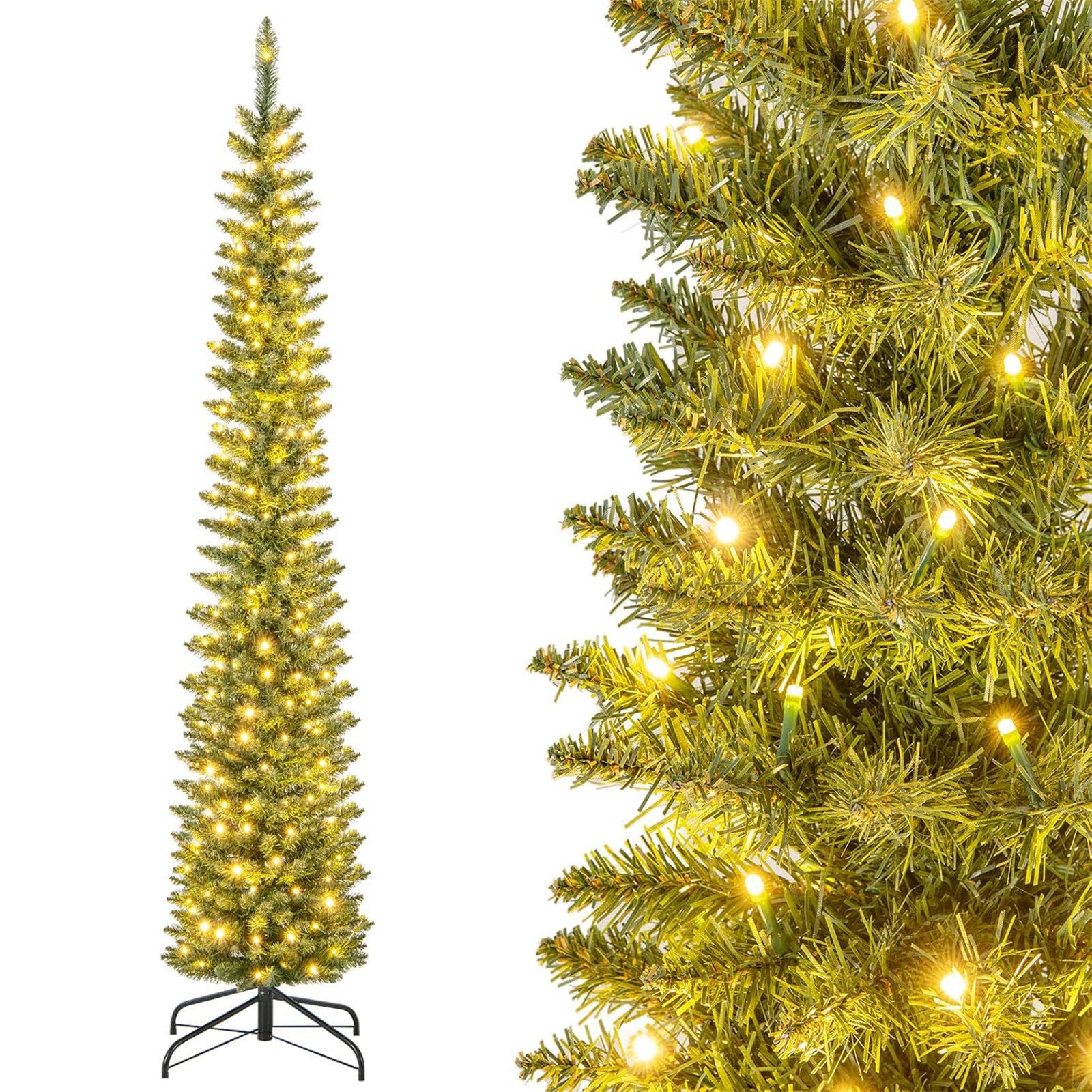 COSTWAY Künstlicher Weihnachtsbaum, Bleistift, 210cm, 180 LEDs, 499 Spitzen