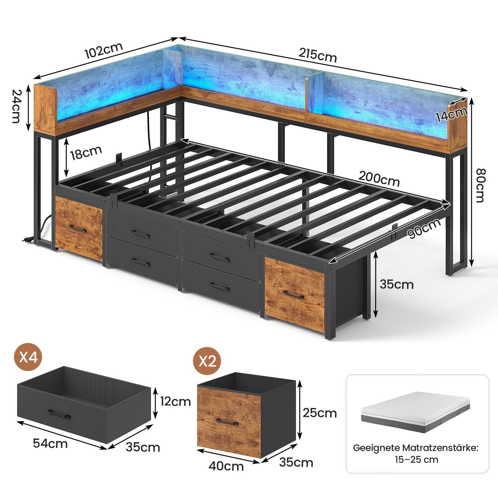 MSMASK Daybett Schlafsofa mit LED-Beleuchtung & Ladestation, Jugendbett Kinderbett, mit Integriertem Bücherregal & 6 Schubladen, 90x200cm