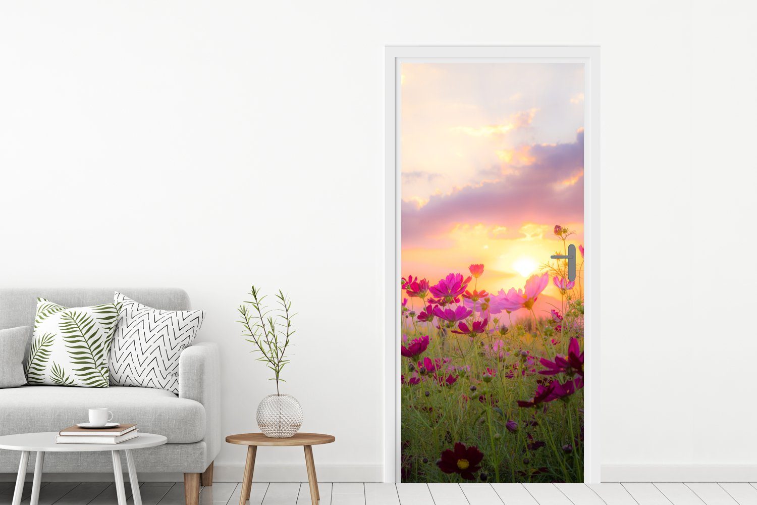 Türtapete Natur cm für MuchoWow bedruckt, Wiese St), (1 - Rosa Blumen - Fototapete Tür, - Sonnenuntergang 75x205 - Horizont, Matt, Türaufkleber, -