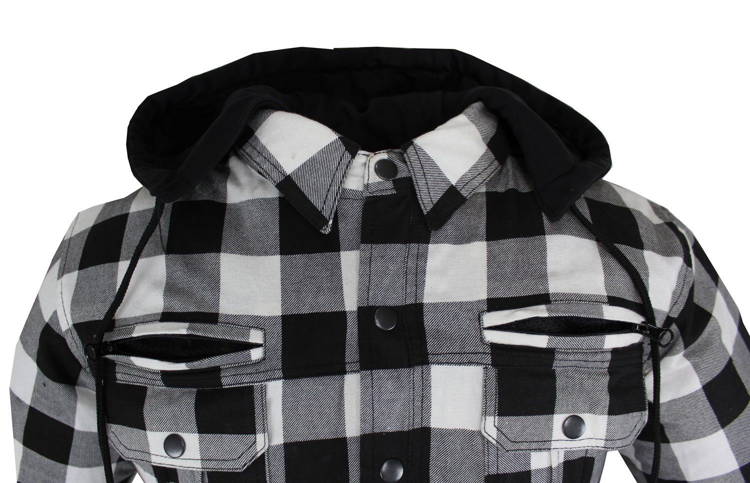 Alpha Speeds Motorradjacke Flanell-Holzfäller Motorrad KEV ARAMID Lumber Biker Hemd PRO Weiß (Wasserdicht & Winddicht & Atmungsaktiv + wasserdichte Reißverschlüsse) mit abnehmbare Kapuze & Innenjacke, All Season, inklusive Protektoren