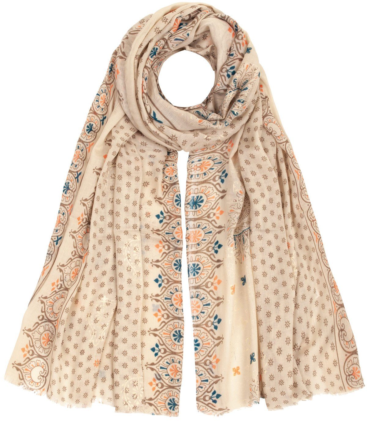 Faera Modeschal, Damen Schal Orient Ornamente Gold-Glitzer weich und leicht beige | Modeschals