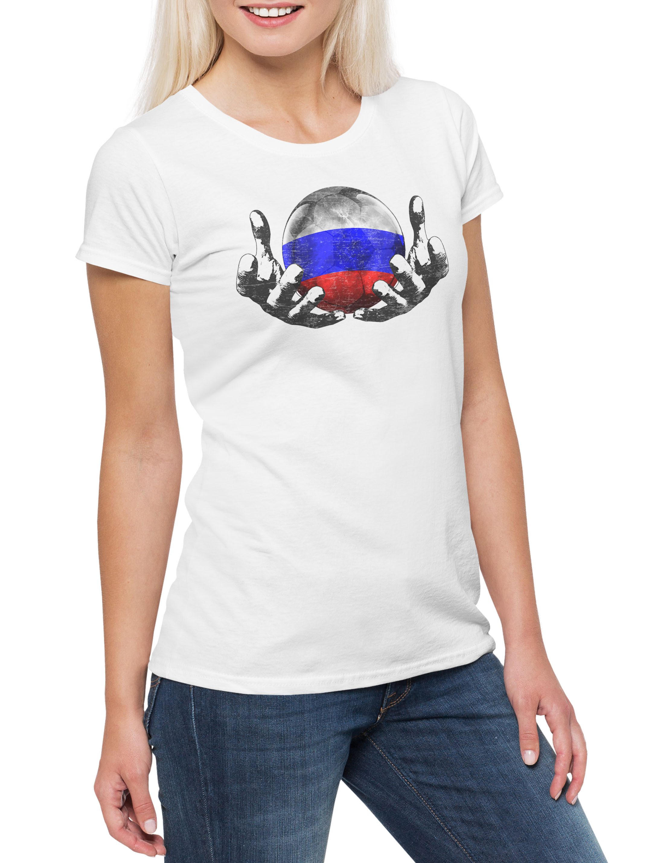 Print-Shirt Russia Football Magic Ball Damen T-Shirt Russland Russisch Fahne