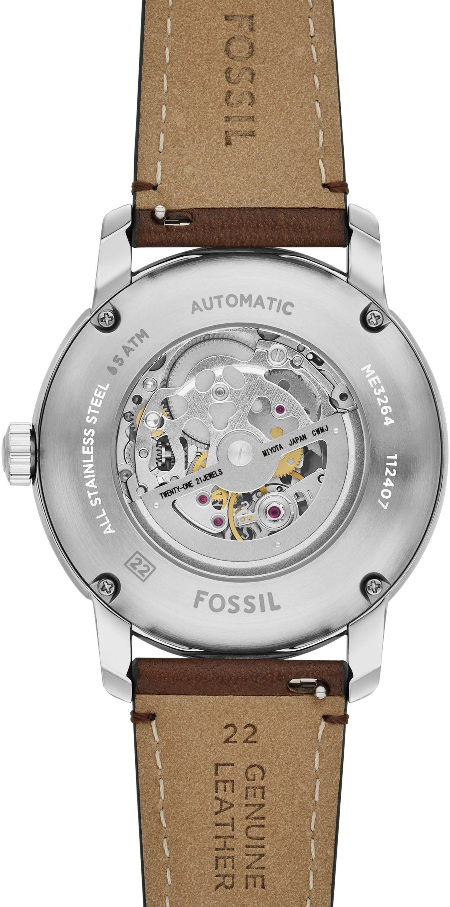 Fossil Automatikuhr HERITAGE ME3264, Armbanduhr, Herrenuhr, Mechanische Uhr, Lederarmband, analog