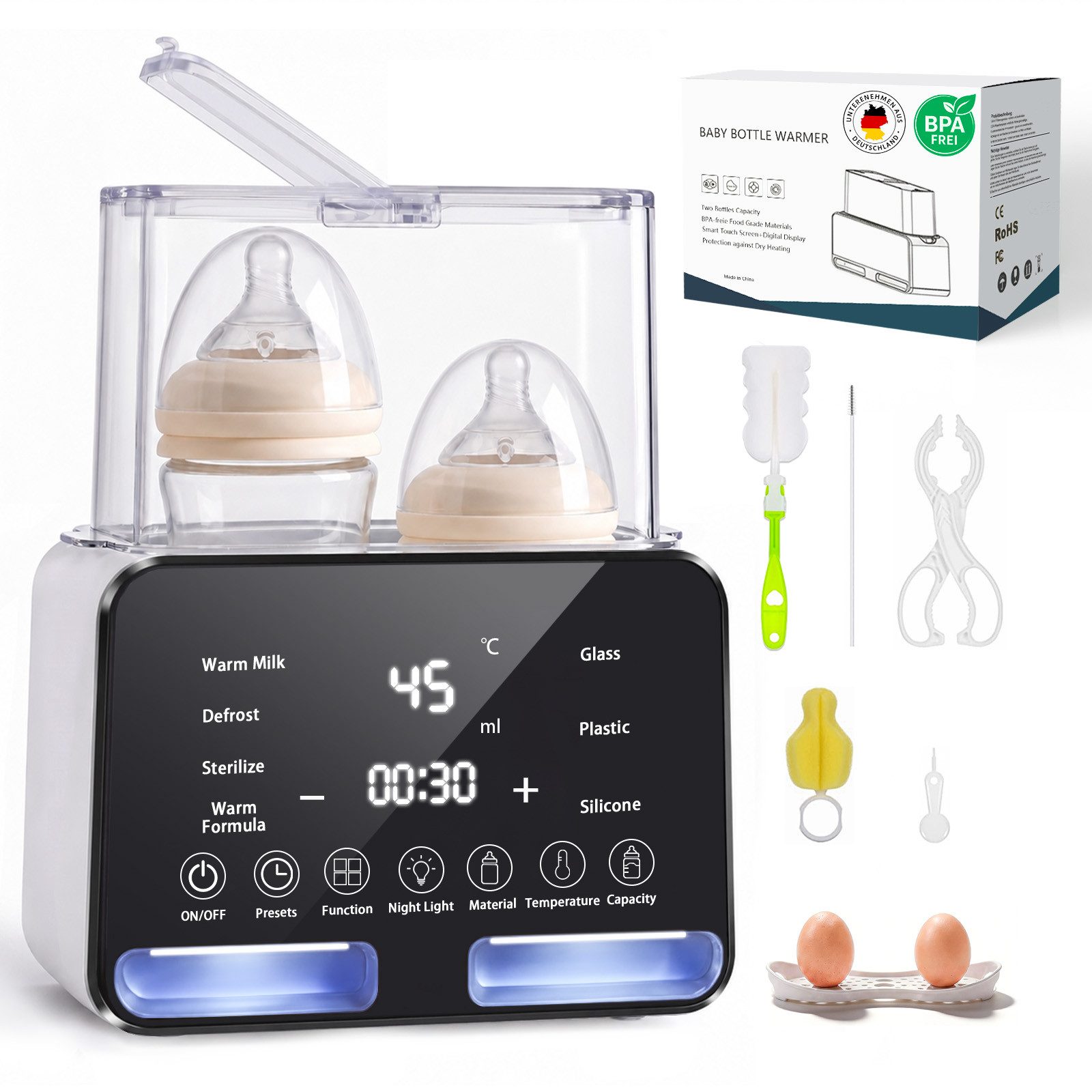 SWGOTA Babyflaschenwärmer 2026 Neuer 12-in-1 Babyflaschenwärmer Sterilisator 2 Flaschen BPA-frei, Für 30–300 ml,PTC-Schnellheizung,48H Warmhalten,Nachtlicht,1–24H Timer