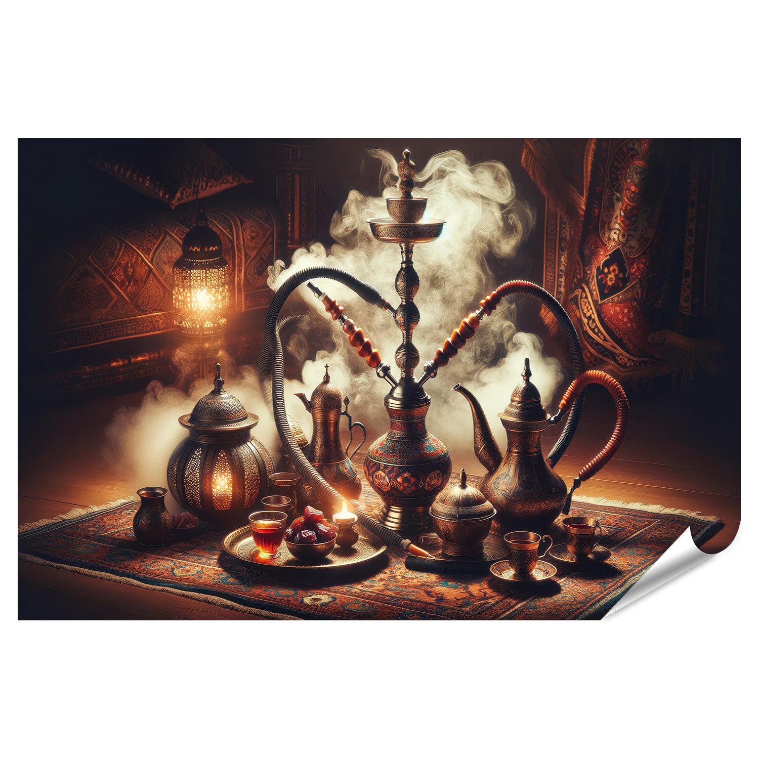 Poster Mystischer Orient mit Shisha und Teeset auf Perserteppich