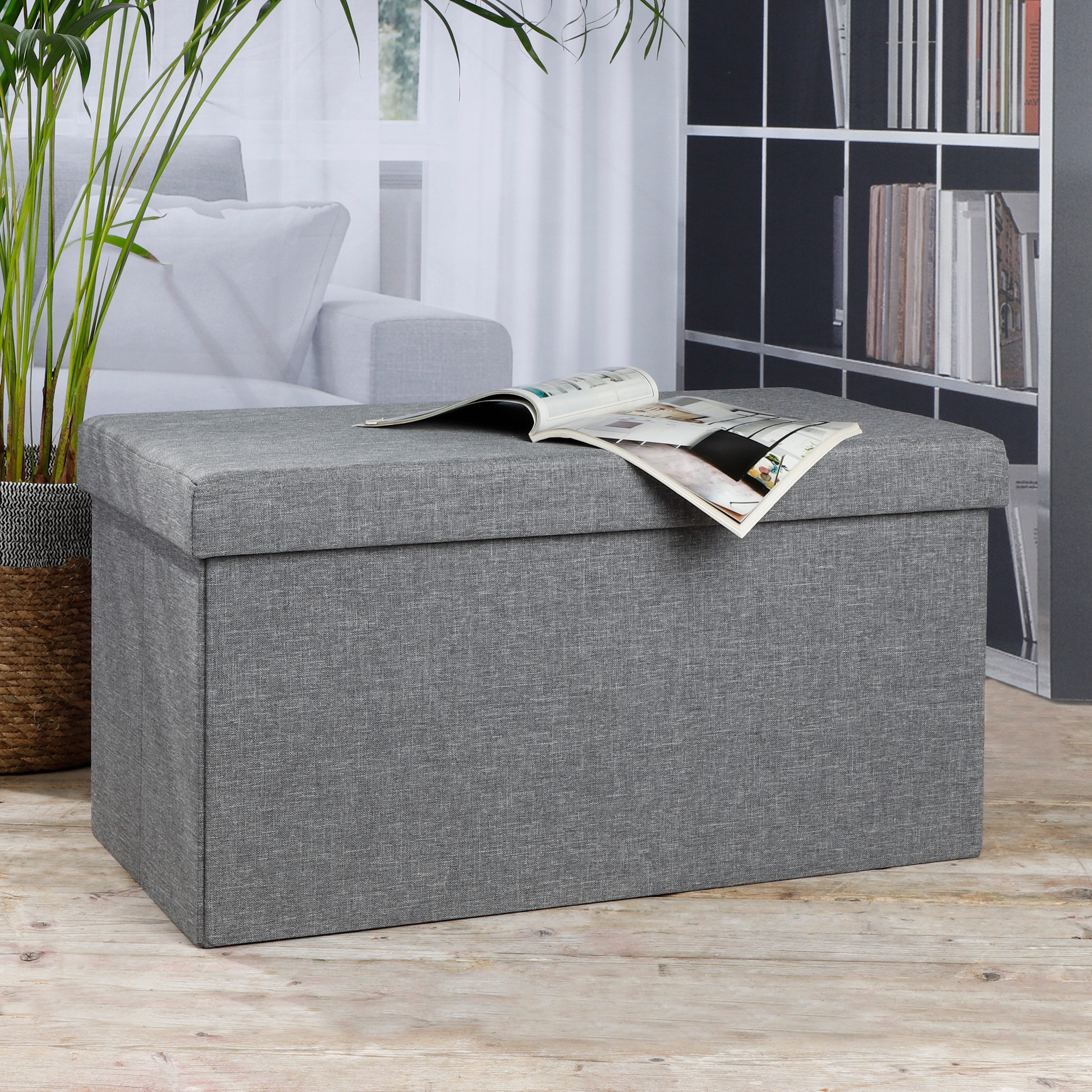 habeig Sitzhocker mit Aufbewahrungsbox 76x38x38cm grau stabil MDF Stuhl Sessel, komfortabel, groß, viel Stauraum