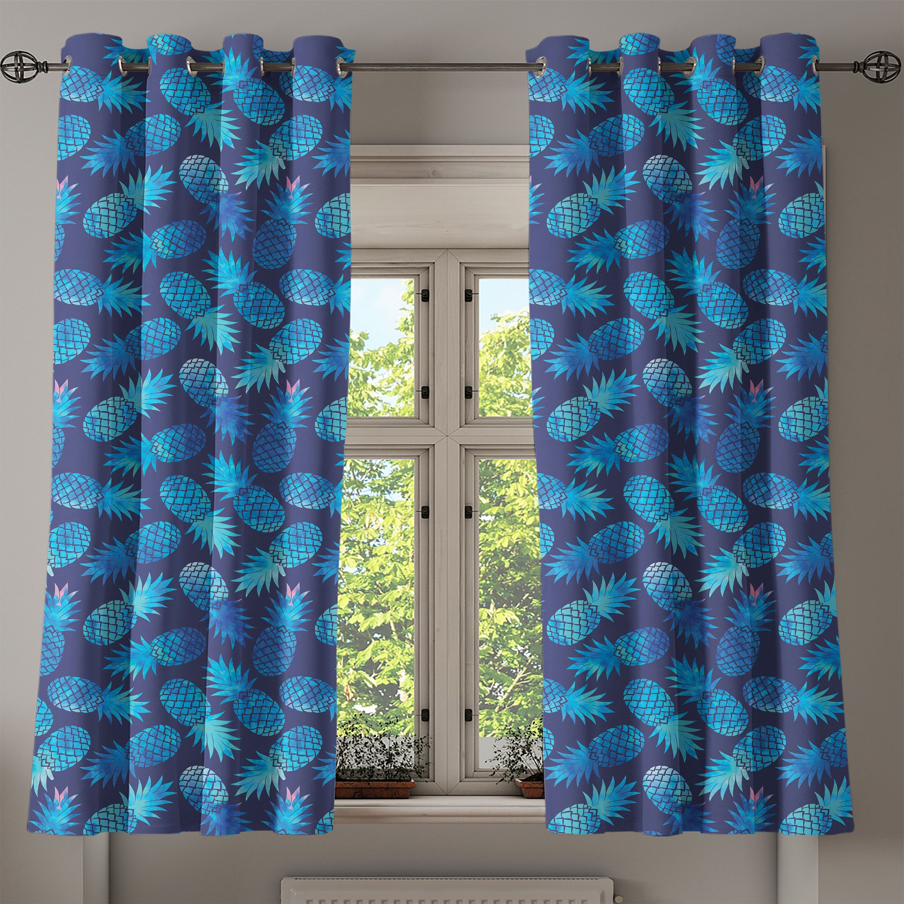 Gardine Pastell Wohnzimmer, Schlafzimmer Ananas-Blau für Dekorative Abakuhaus, Tropische 2-Panel-Fenstervorhänge