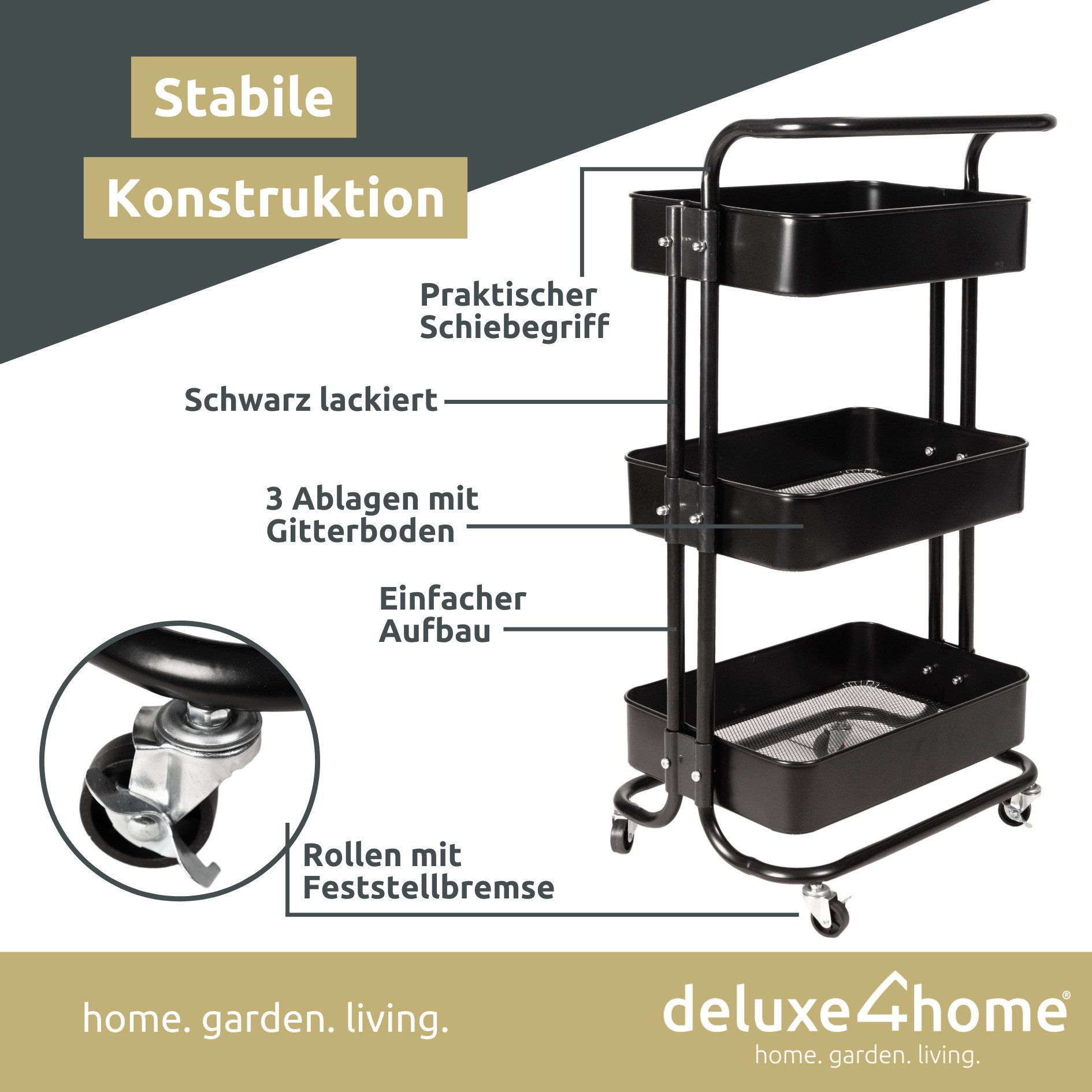 deluxe4home Rollwagen Küchenwagen mit 3 Ablagen I Aufbewahrung Mehrzweckwagen, Rollbar