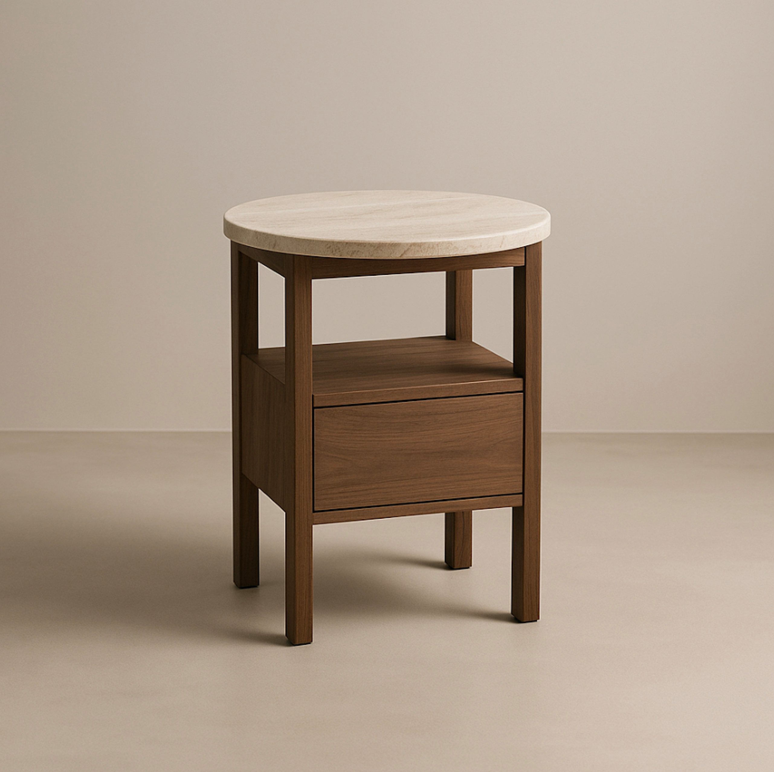 Strauss Home Nachttisch Premium Nachtkommode aus Echtholz mit Travertin Naturstein -, Handgemacht