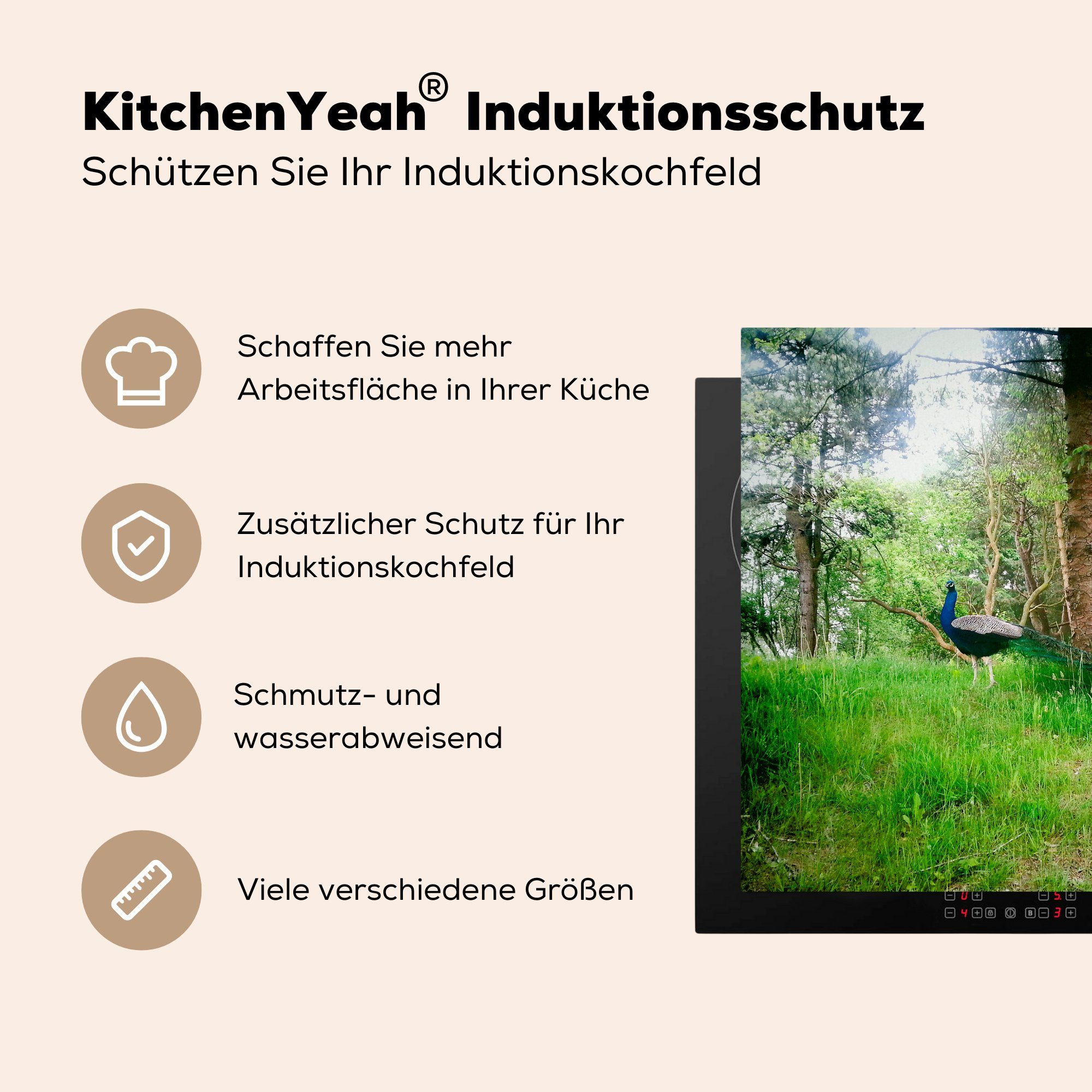 Pfau küche Herdblende-/Abdeckplatte - Gras - für (1 tlg), MuchoWow cm, Ceranfeldabdeckung, Arbeitsplatte Vinyl, 78x78 Wald,