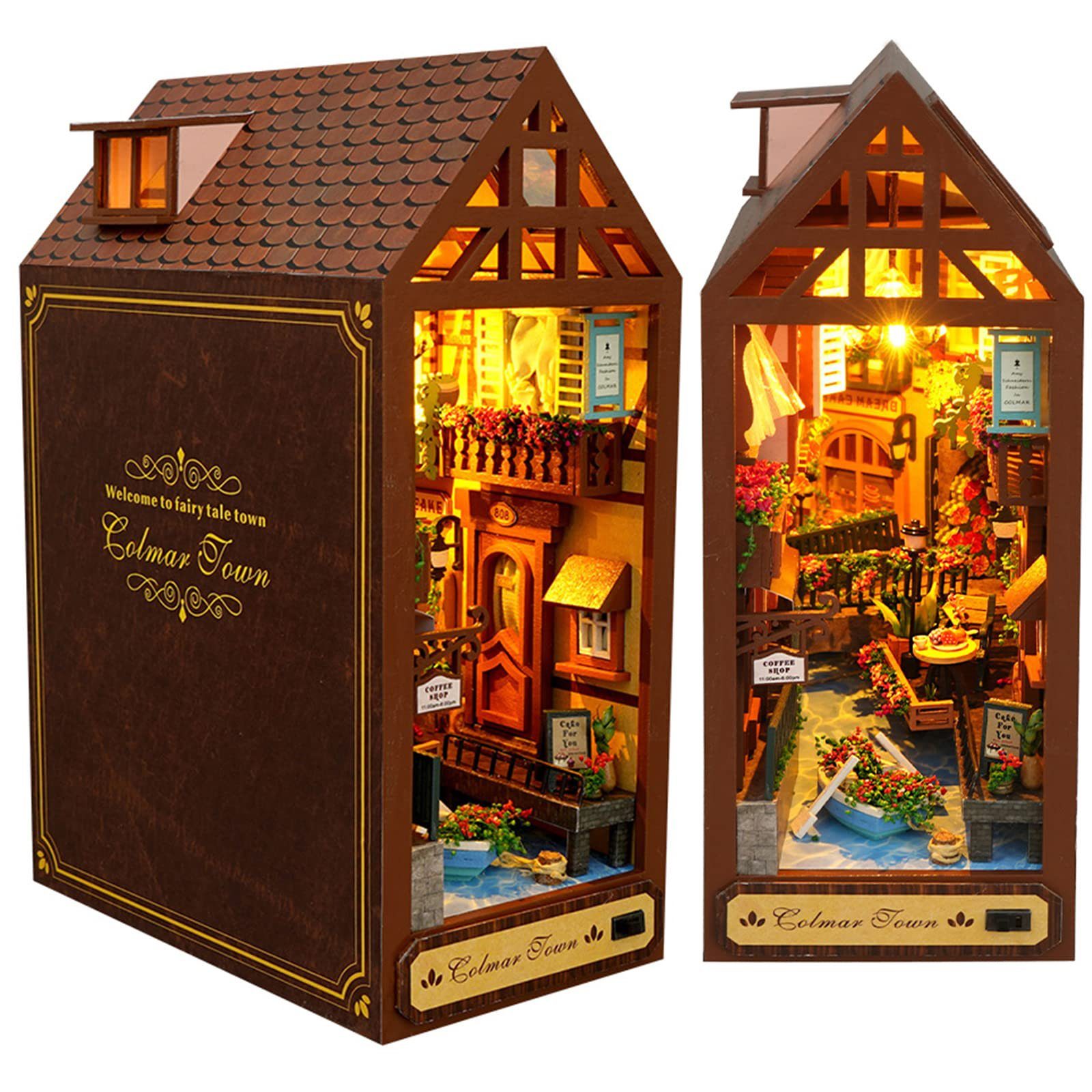 SEEZSSA 3D-Puzzle Holzkunst Bücherregal,DIY Book Nook Kitmit LED-Licht, Puzzleteile, Miniatur Buchstütze eine lange Zeit des Wartens