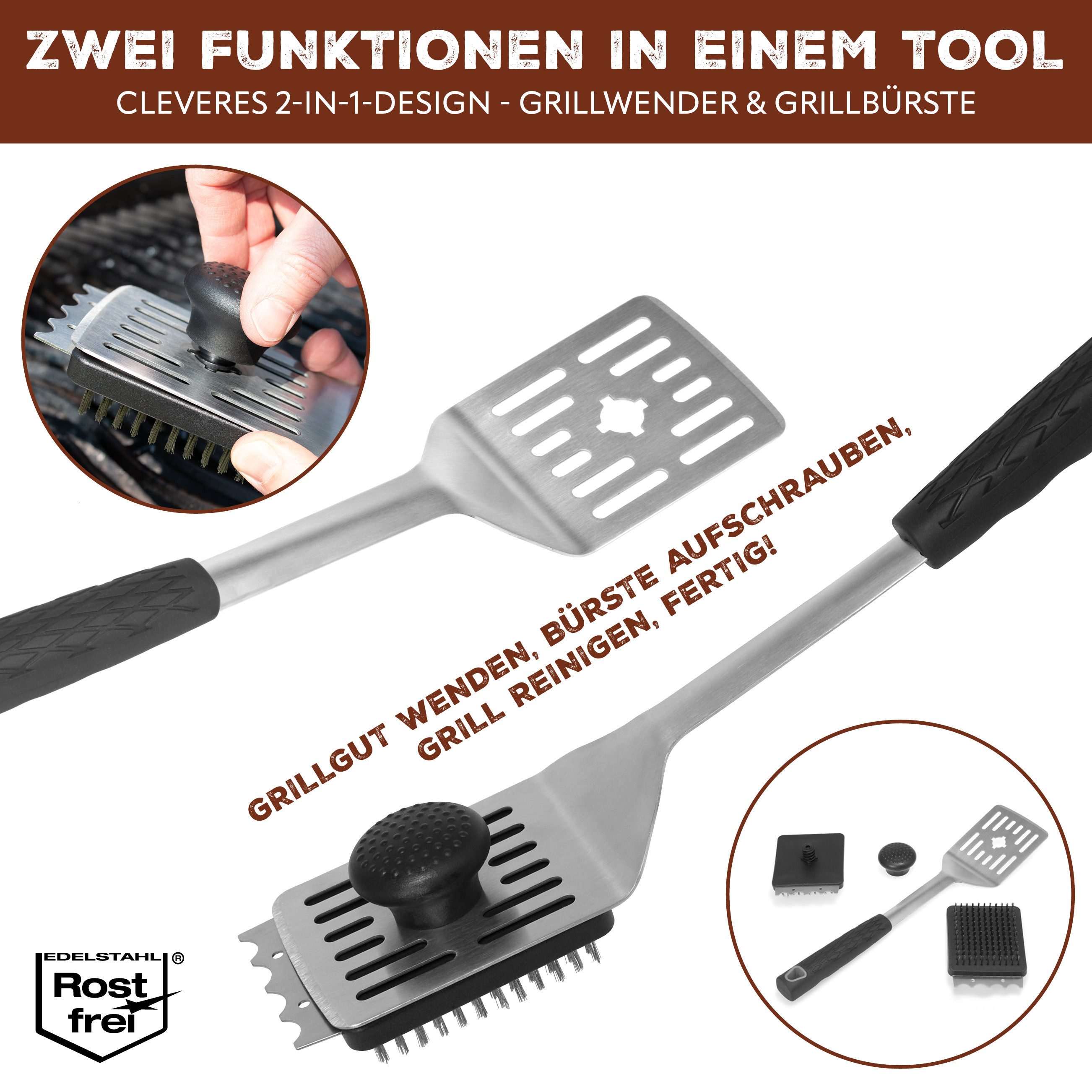bremermann Grillbürste und Grillgutwender 2in1, Edelstahl, (1-tlg), 2in1 - Gleichzeitig auch Grillwender