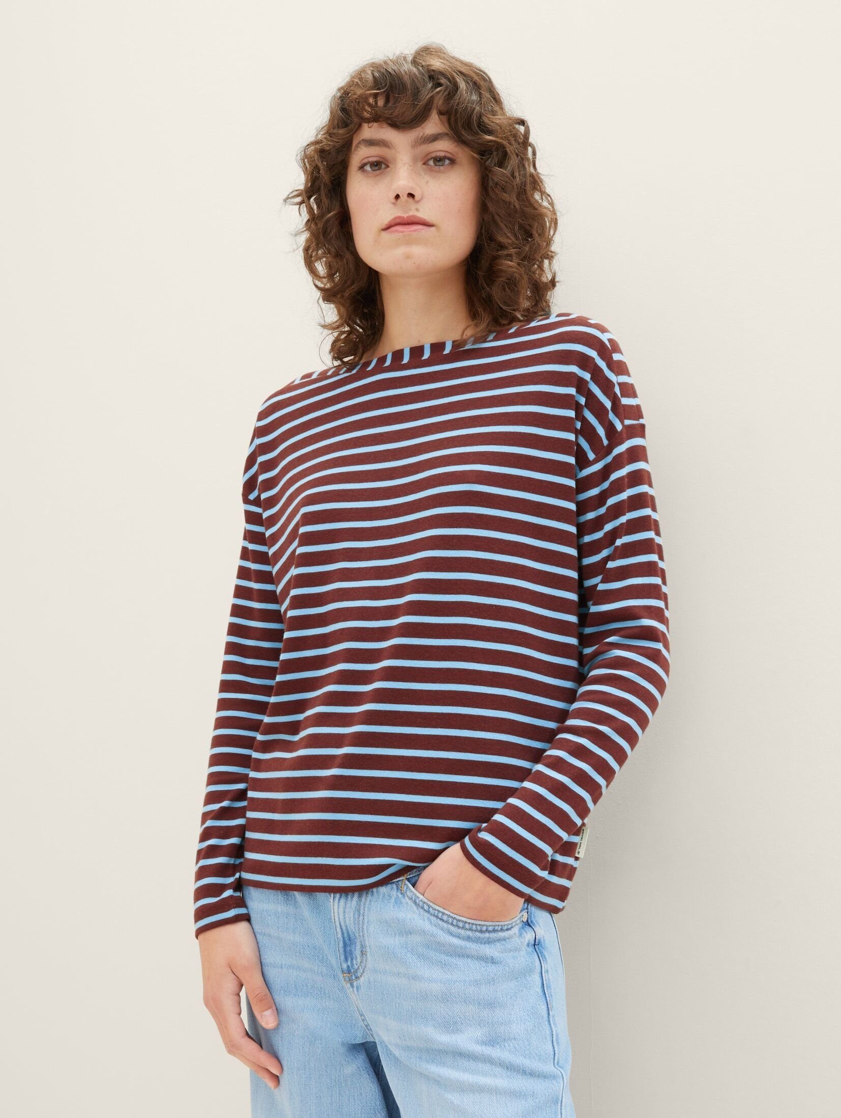 Streifen stripe blue mit TOM TAILOR Langarmshirt T-Shirt brown