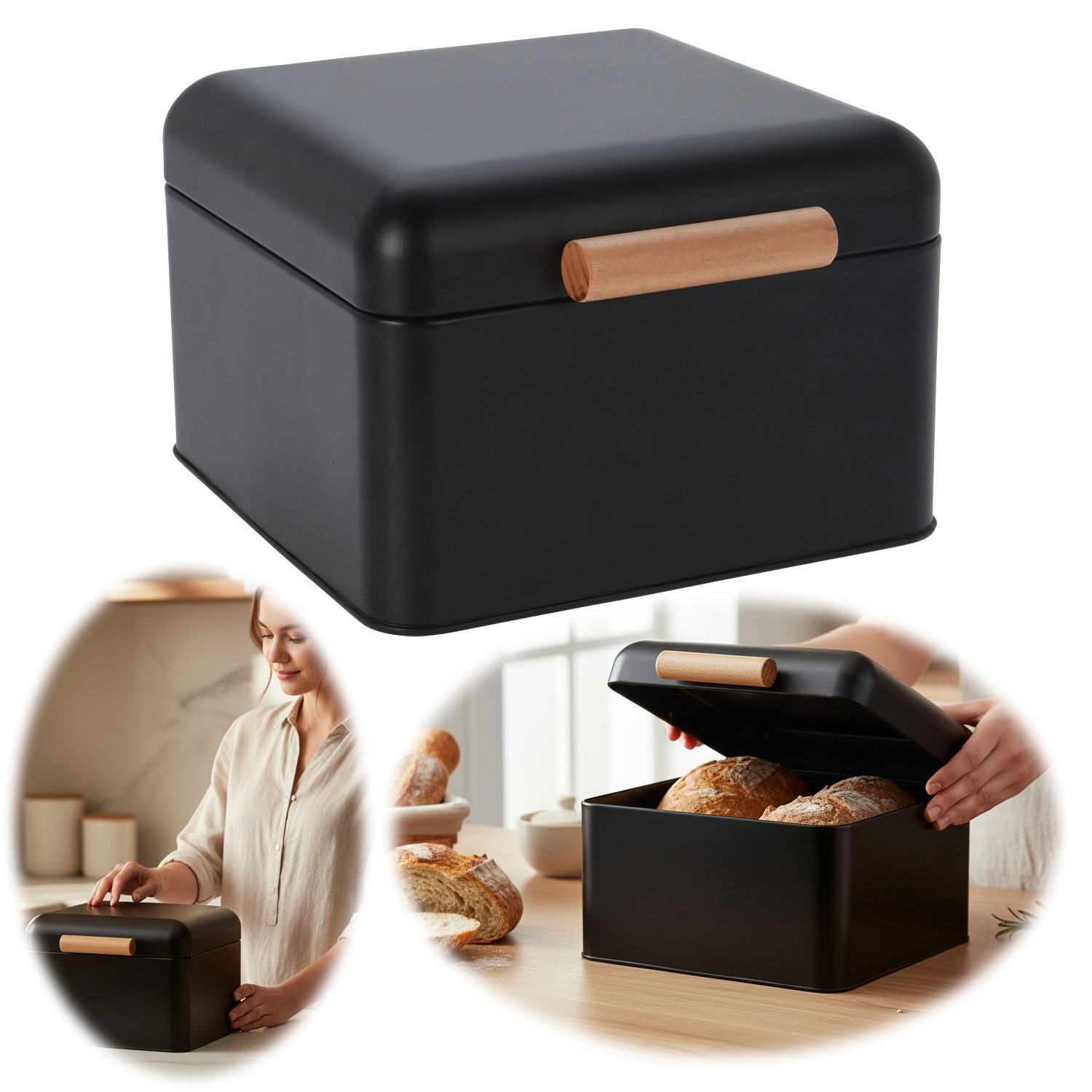LS-LebenStil Brotkasten Vintage Brotbox Schwarz Black 20cm Metall Retro Brot Aufbewahrung, Metall, (Klapp-Deckel Küche Aufbewahrungskorb mit Holz Griff, 1-tlg., Aufbewahrungsbox Nostalgie Brotkorb zum Frischhalten)