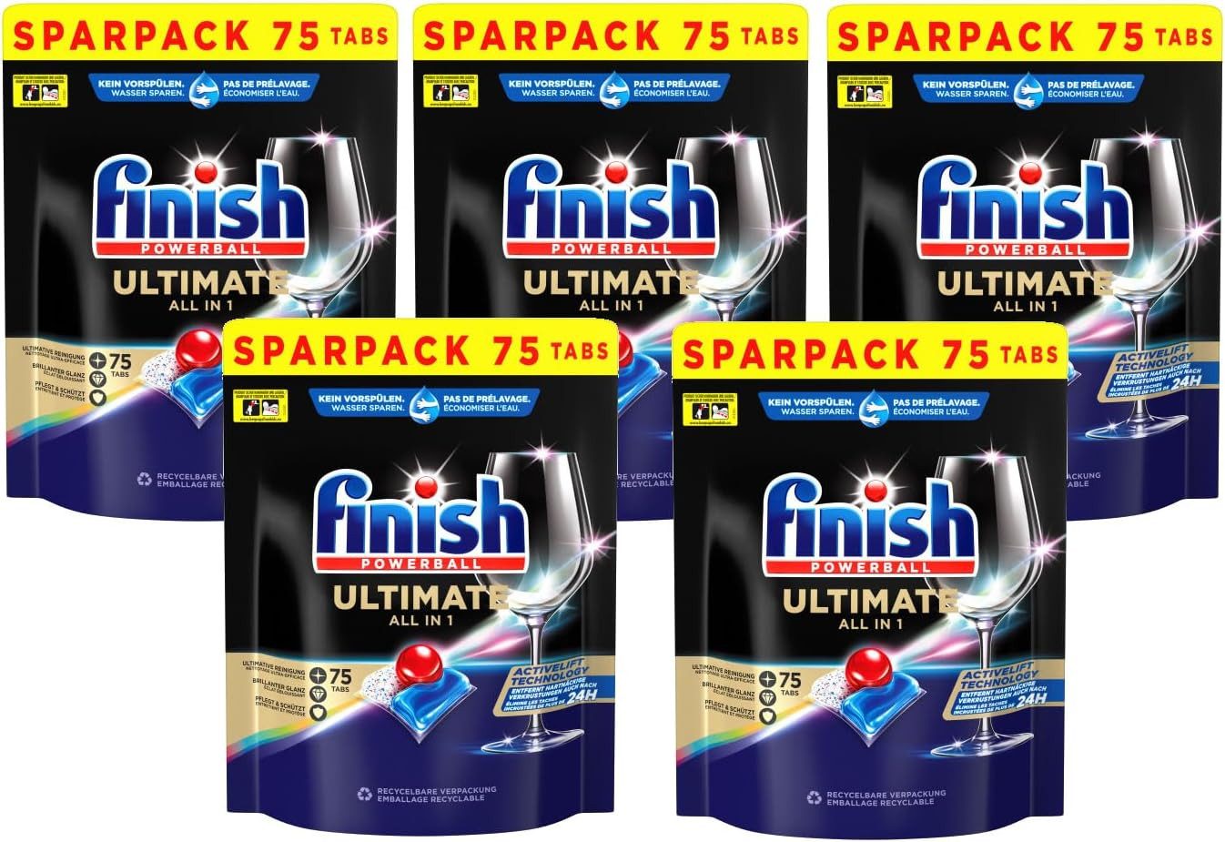 FINISH Ultimate All in 1 Tabs 5 x 75 Spülmaschinentabs (Mega-Pack, [375-St. für Schutz & Pflege)