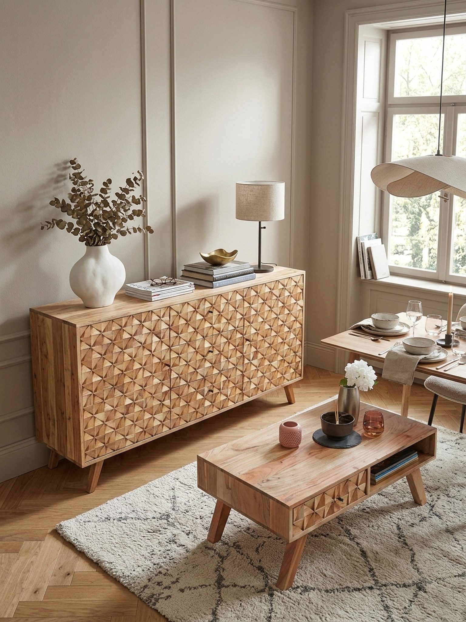 KADIMA DESIGN Kommode Sideboard REWA 140x78,5x40 cm Anrichte Massivholz Akazie Schrank (Echtholz, Schubladenkommode Massiv, Flurkommode), Braun, Landhaus-Stil Kommode mit 3 Schubladen & 2 Türen, Flurschrank