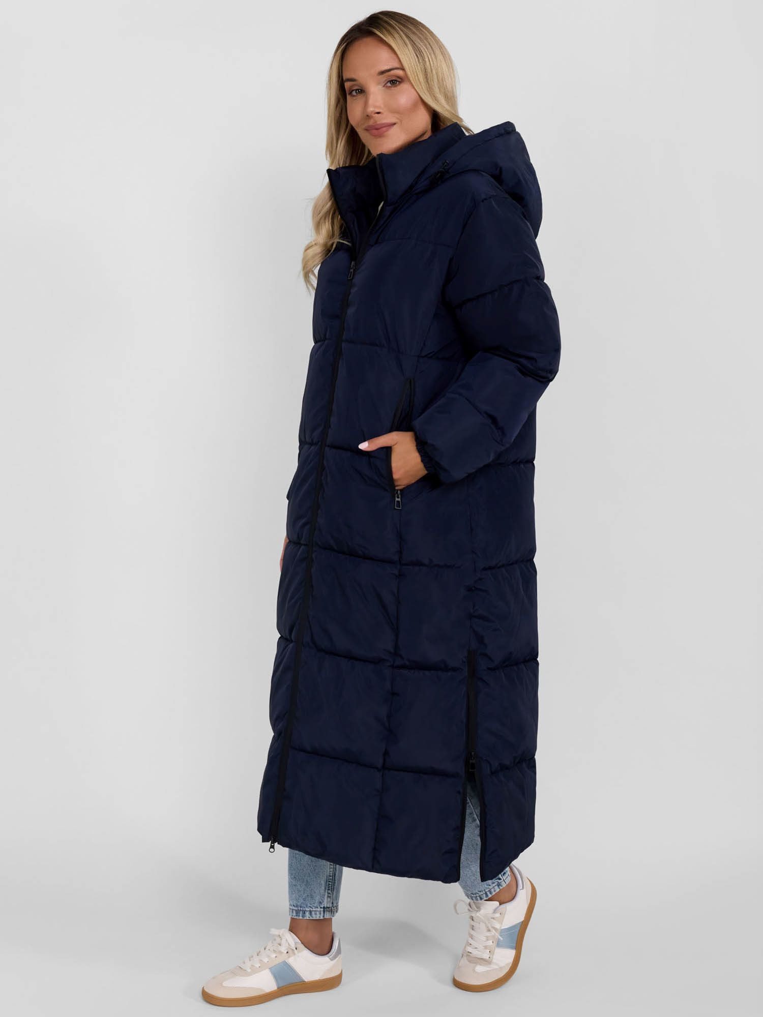 Respect Winterjacke Lange gesteppte Winterjacke mit Kapuze und Zipperdetails (XS-XXL)