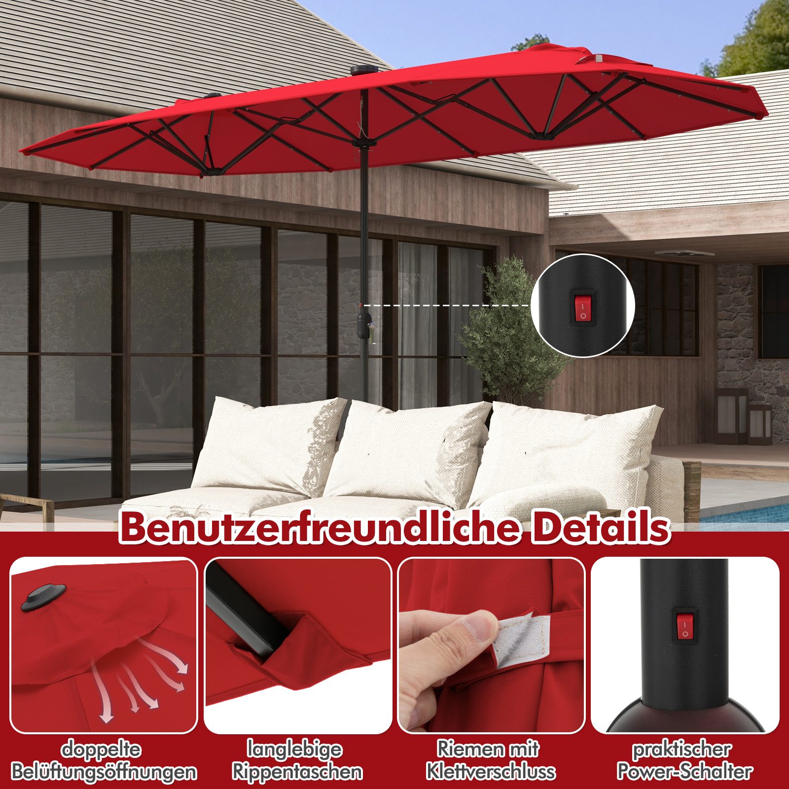 KOMFOTTEU Sonnenschirm, LED Doppelsonnenschirm mit Ständer, günstig online kaufen