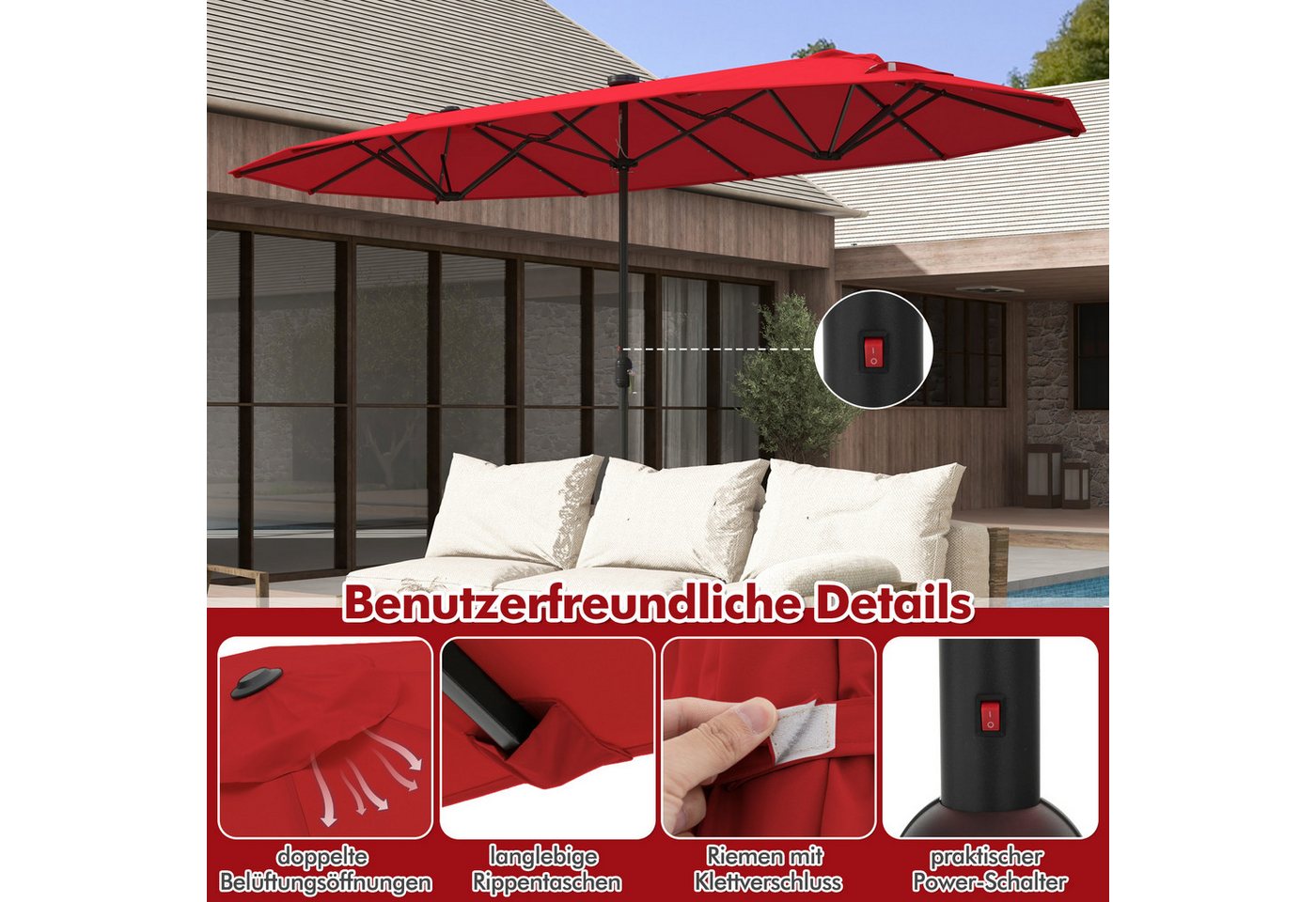 Thumbnail - KOMFOTTEU Sonnenschirm, LED Doppelsonnenschirm mit Ständer, 4 x 2m