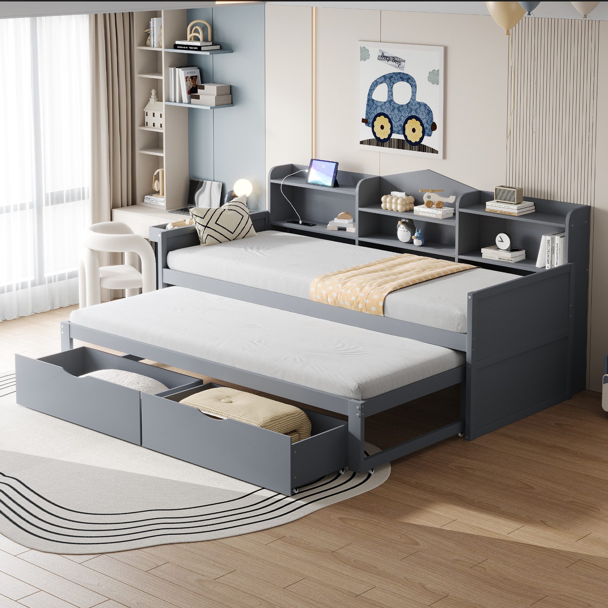 Flieks Daybett, Tagesbett 90x200cm mit Ausziehbett 90x190cm Ladefunktion 2 günstig online kaufen