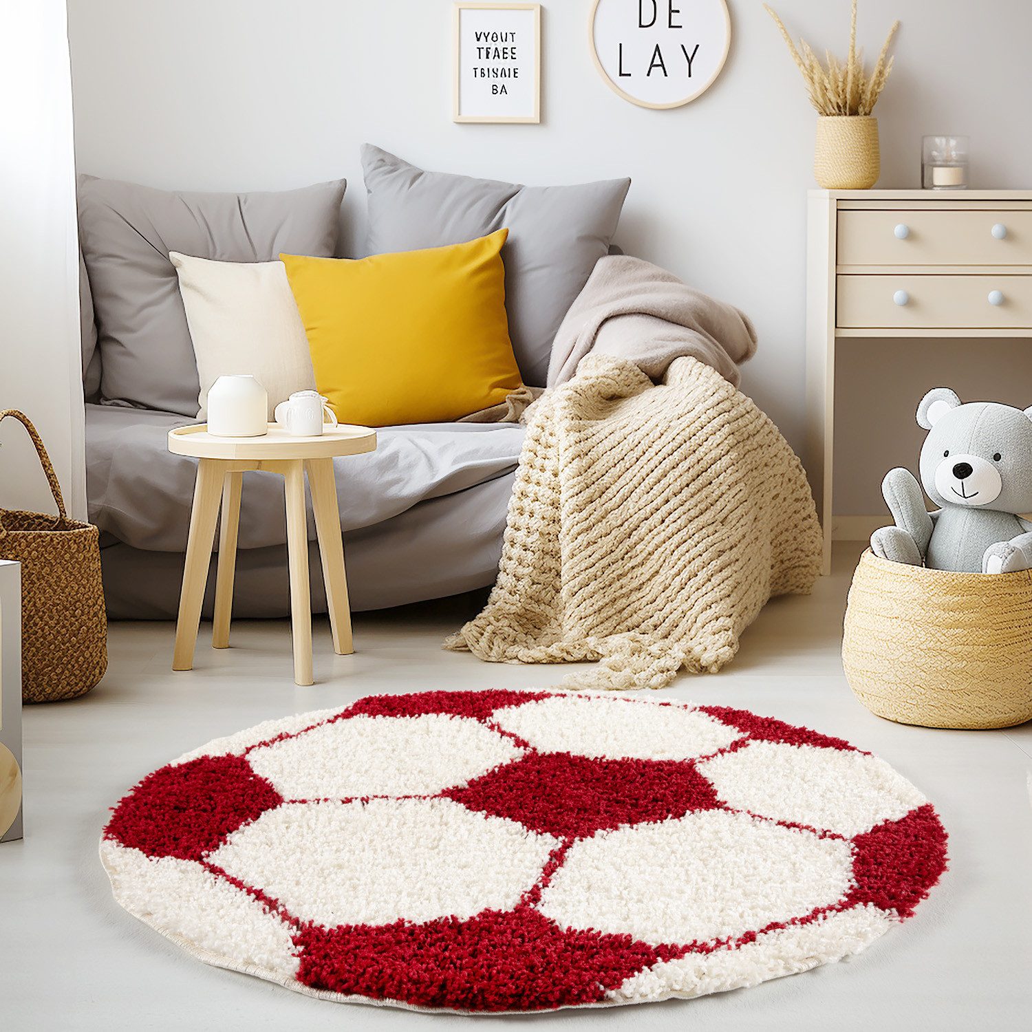 KADIMA DESIGN Kinderteppich MATREI Shaggy Langflor Spielteppich Kinderzimmer Bunt Waschbar, Rund, Höhe: 32 mm, Rot, 100x100 cm, Strapazierfähig Fußball Waschbar