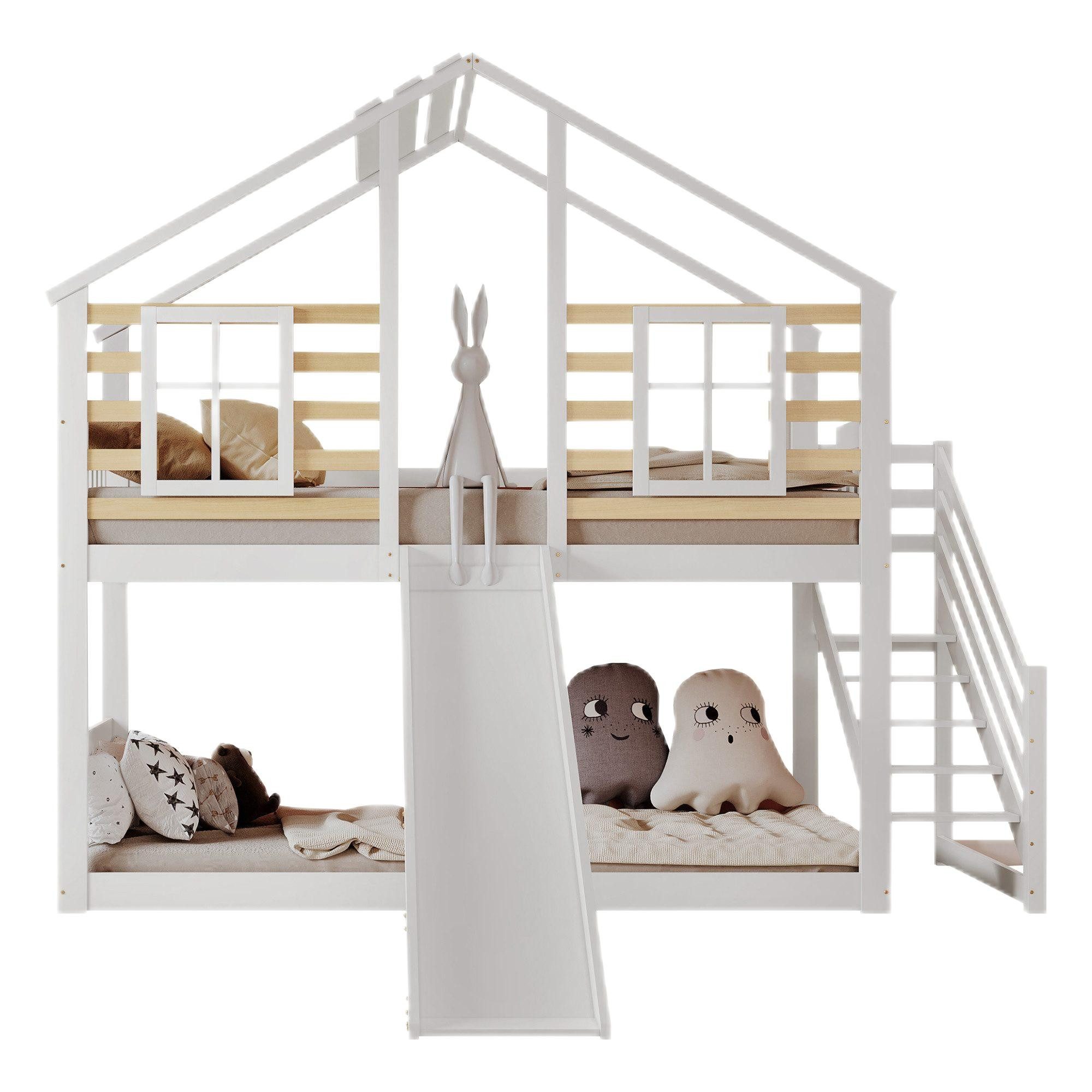Etagenbett Kinderbetten Holzbett mit Rutsche und Fenster, 90x200cm