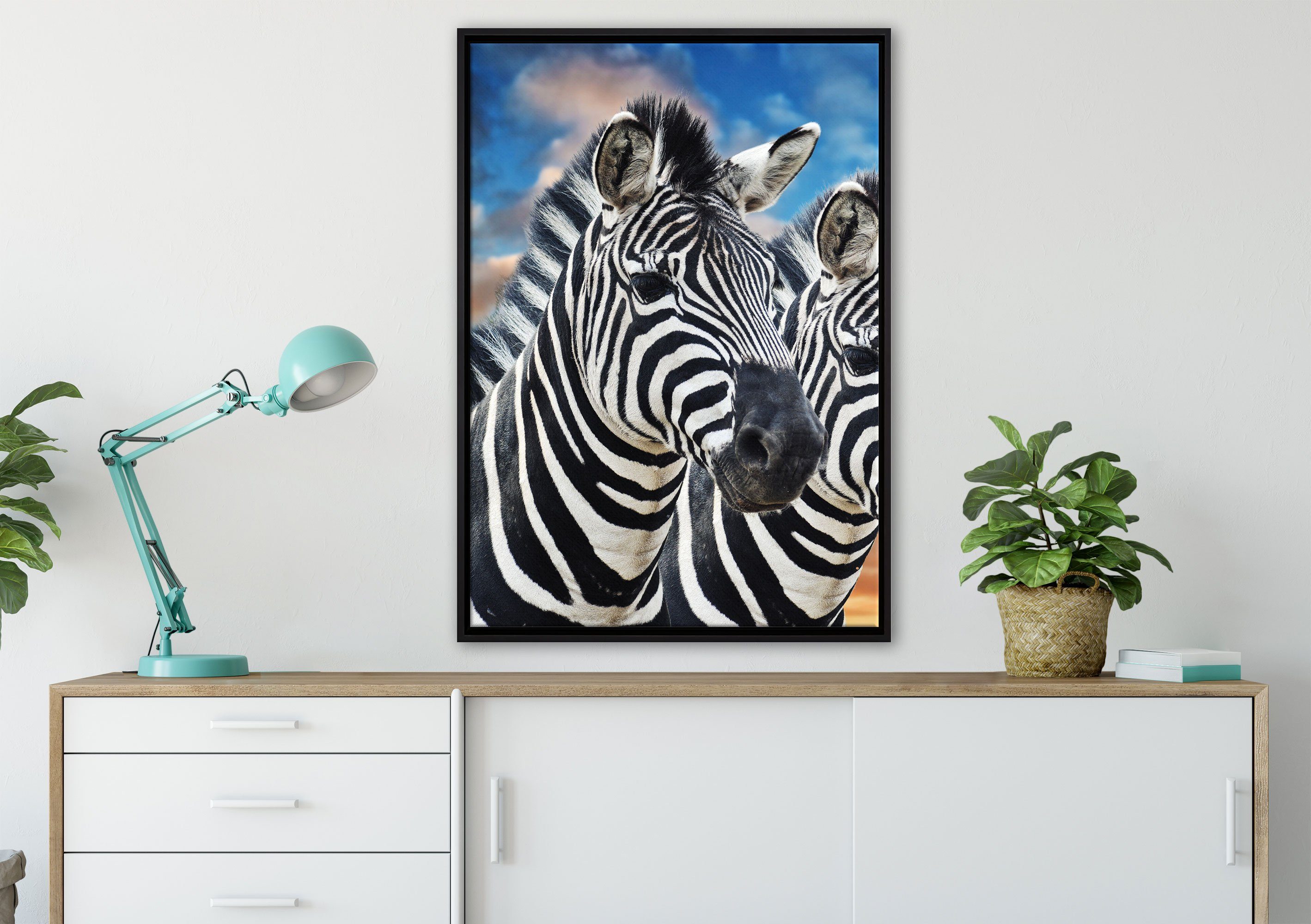 Zebra Leinwandbild (1 in Schattenfugen-Bilderrahmen fertig Leinwandbild Pixxprint Pärchen, bespannt, gefasst, Wanddekoration inkl. St), einem Zackenaufhänger