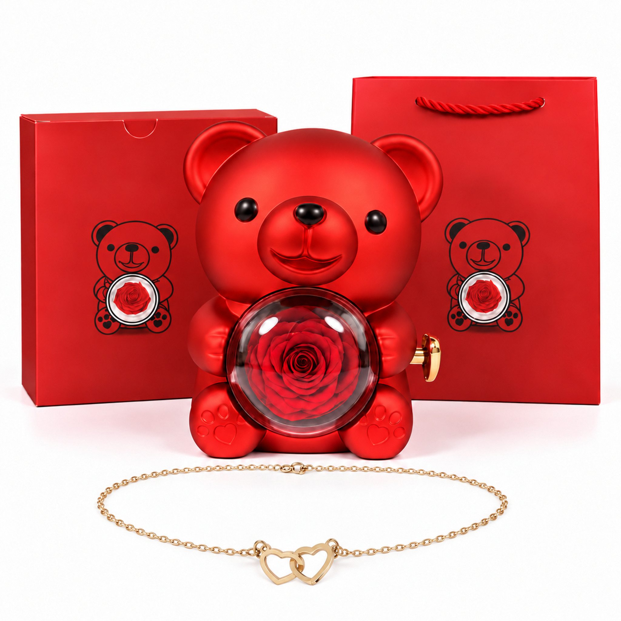 Kunstblume Ewige Rose Valentinstagsgeschenk, Rosenbär, Halskette mit Verpackung, NEXORA, Umfangreiches Geschenkset mit einer Halskette & ewigen Rose