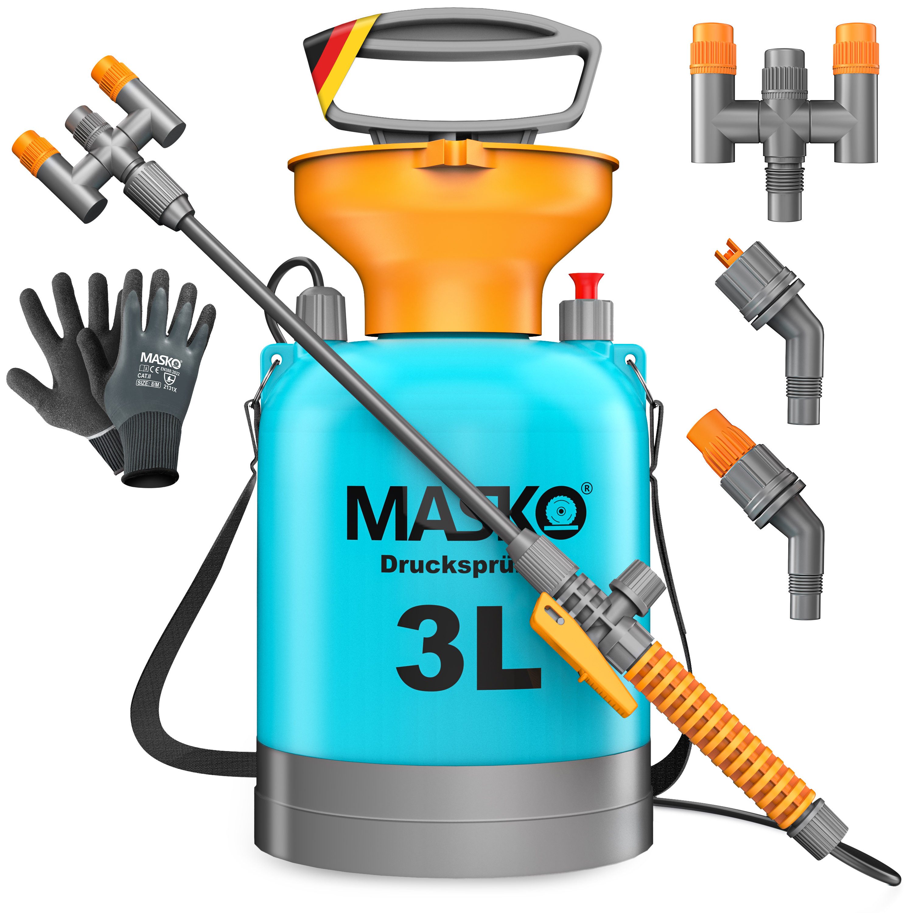 MASKO Drucksprühgerät Drucksprüher säurebeständiges Sprühgerät 3L Füllinhalt Gartenspritze, (Pumpsprühflasche mit verstellbaren Düsen, Schlauch, Gurt & Handschuhe), Reinigungsspritze für Pflanzenschutz, Gartenarbeit & Autopflege