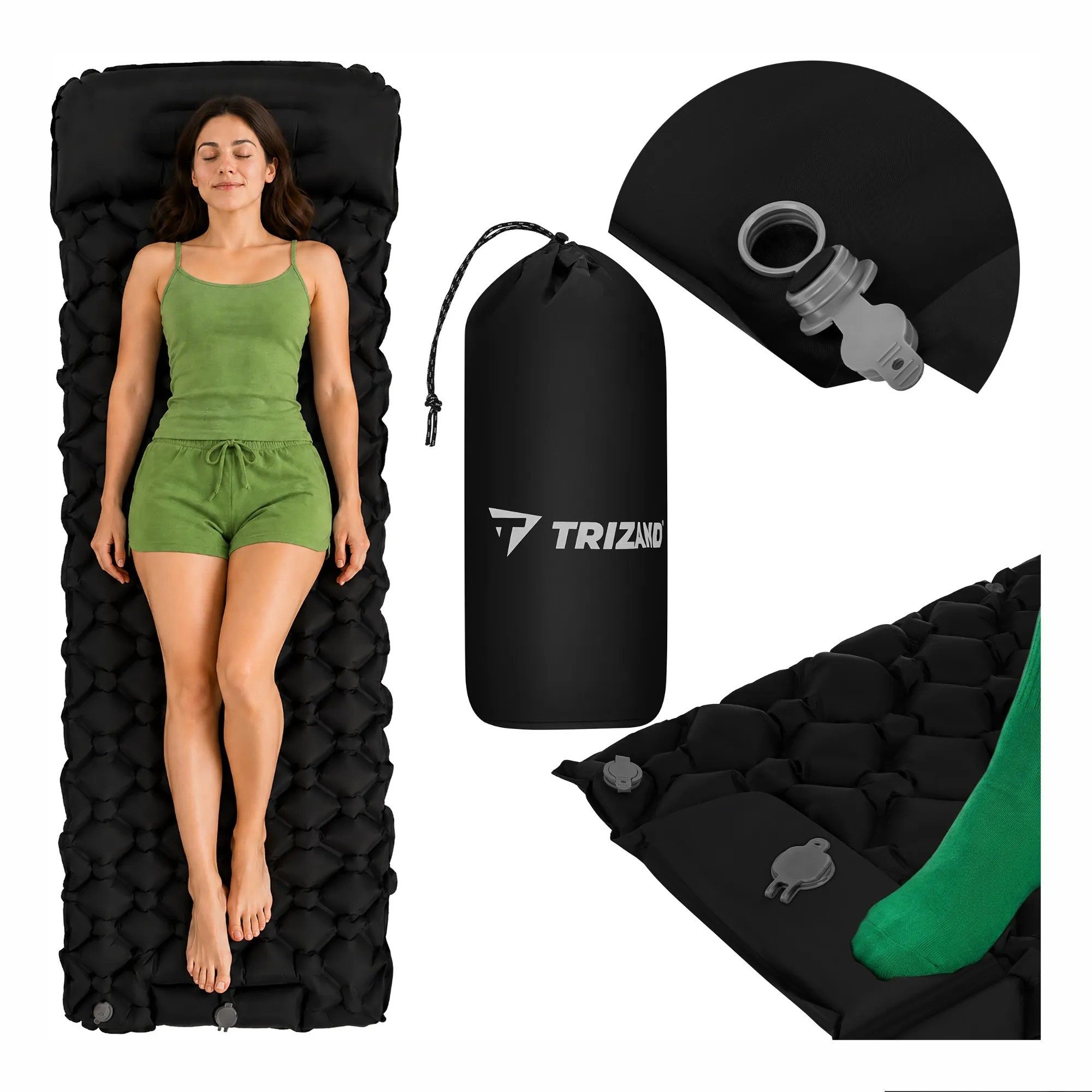 Trizand Isomatte Campingmatte Schlafmatte Trekkingmatte, (Spar-Set, 1-tlg., 190 x 60 x 4,5 cm leicht), selbstaufblasend, Fußpumpe, Kopfkissen