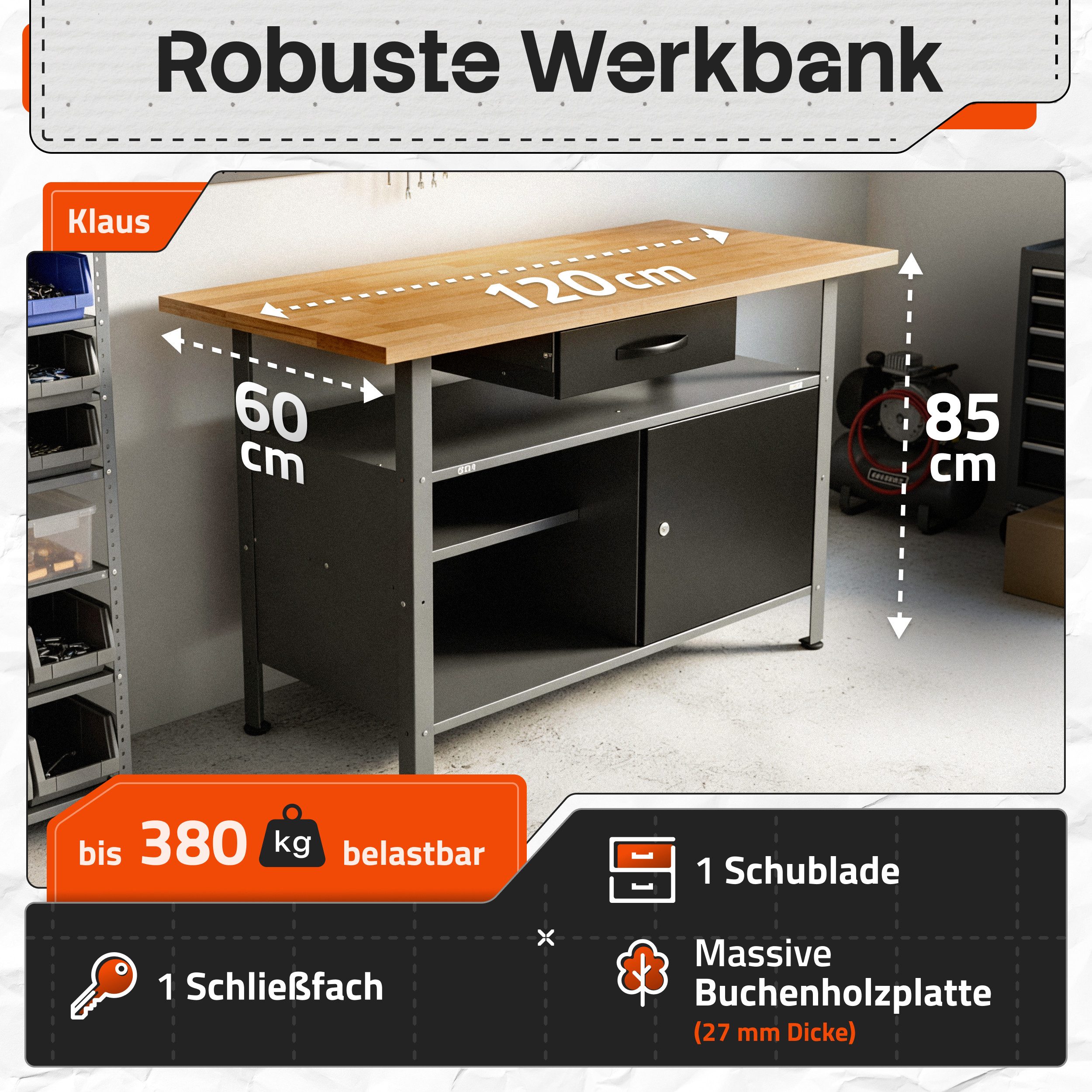 ONDIS24 Werkbank Werkbank Klaus 120 cm 120 x 60 x 85 (H) cm, belastbar bis 380 kg, abschließbare Tür, höhenverstellbare Füße
