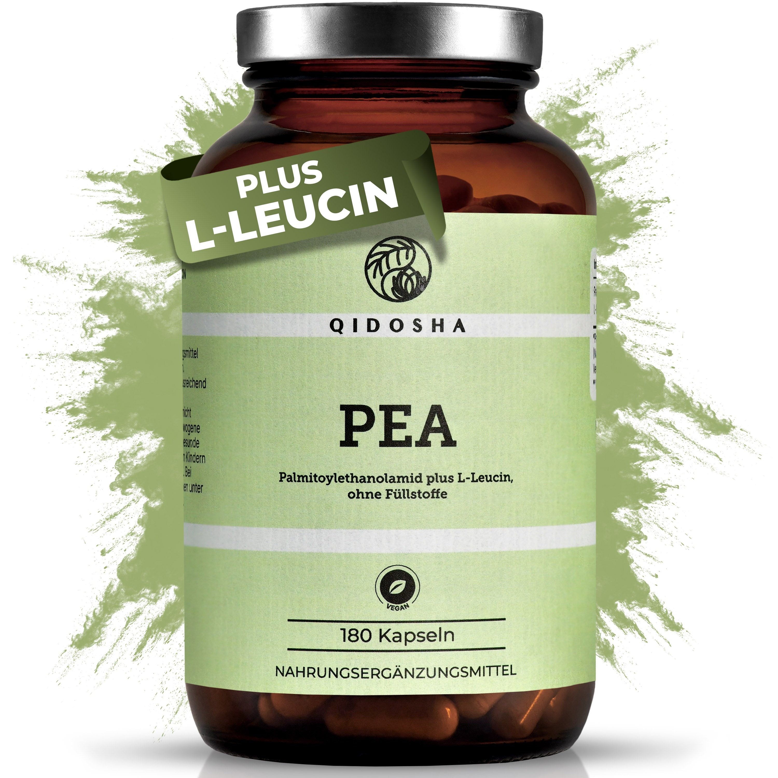 QIDOSHA Palmitoylethanolamid (PEA) Kapseln, 180 er PEA Kapseln hochdosiert, 180 Kapseln im Apothekerglas, mikronisiert, 1200mg PEA je Tagesportion, deutsche Fertigung, jede Charge laborgeprüft, plus Leucin à 180 St., 92.6 g, Palmitoylethanolamid (PEA) Kapseln plus L-Leucin online kaufen