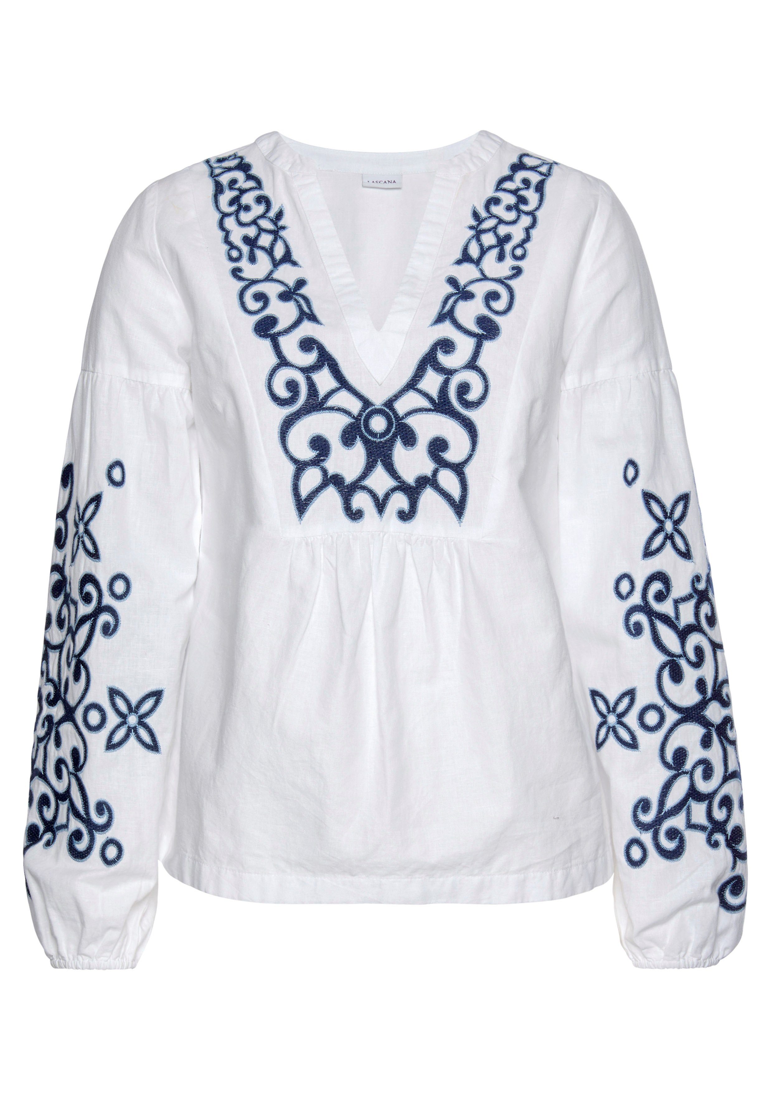 LASCANA Langarmbluse mit aufwendiger Stickerei Damenbluse mit leichten Ballonärmeln, lockere Tunika, Boho-Bluse – Bild 2 von 5