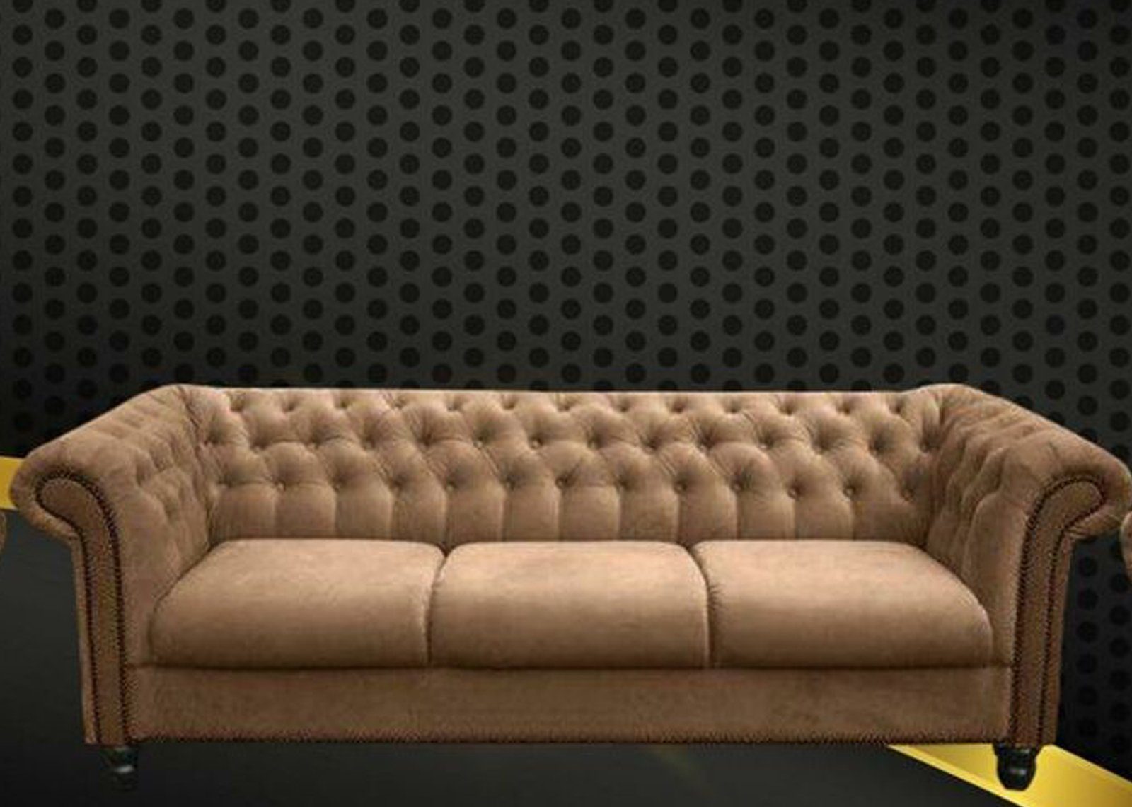 JVmoebel Chesterfield-Sofa, Dreisitzer Stoff Wohnzimmer Design Sofas Samt Braun