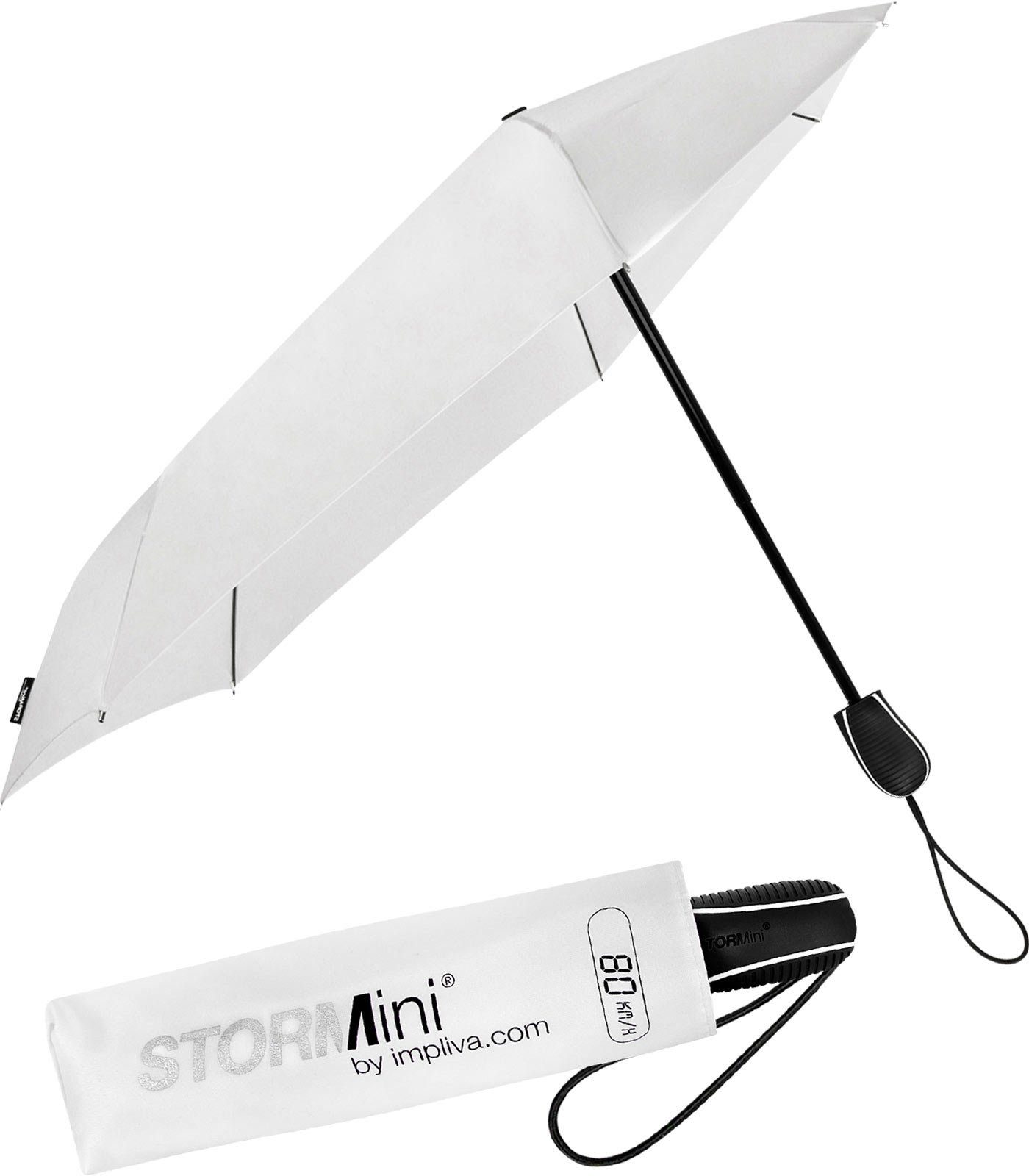 Impliva Taschenregenschirm STORMini aerodynamischer Sturmschirm, durch seine besondere Form dreht sich der Schirm in den Wind, hält bis zu 80 km/h aus weiß