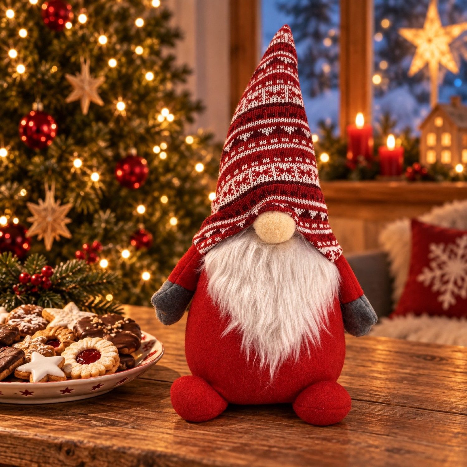 Online-Fuchs Dekofigur Weihnachtswichtel, Zwerg mit süßer Strickmütze - Weihnachtsdeko (im norwegischen Desgin, klassisch weihnachtliche Farben), mit flauschigem Bart und niedlicher Knollennase