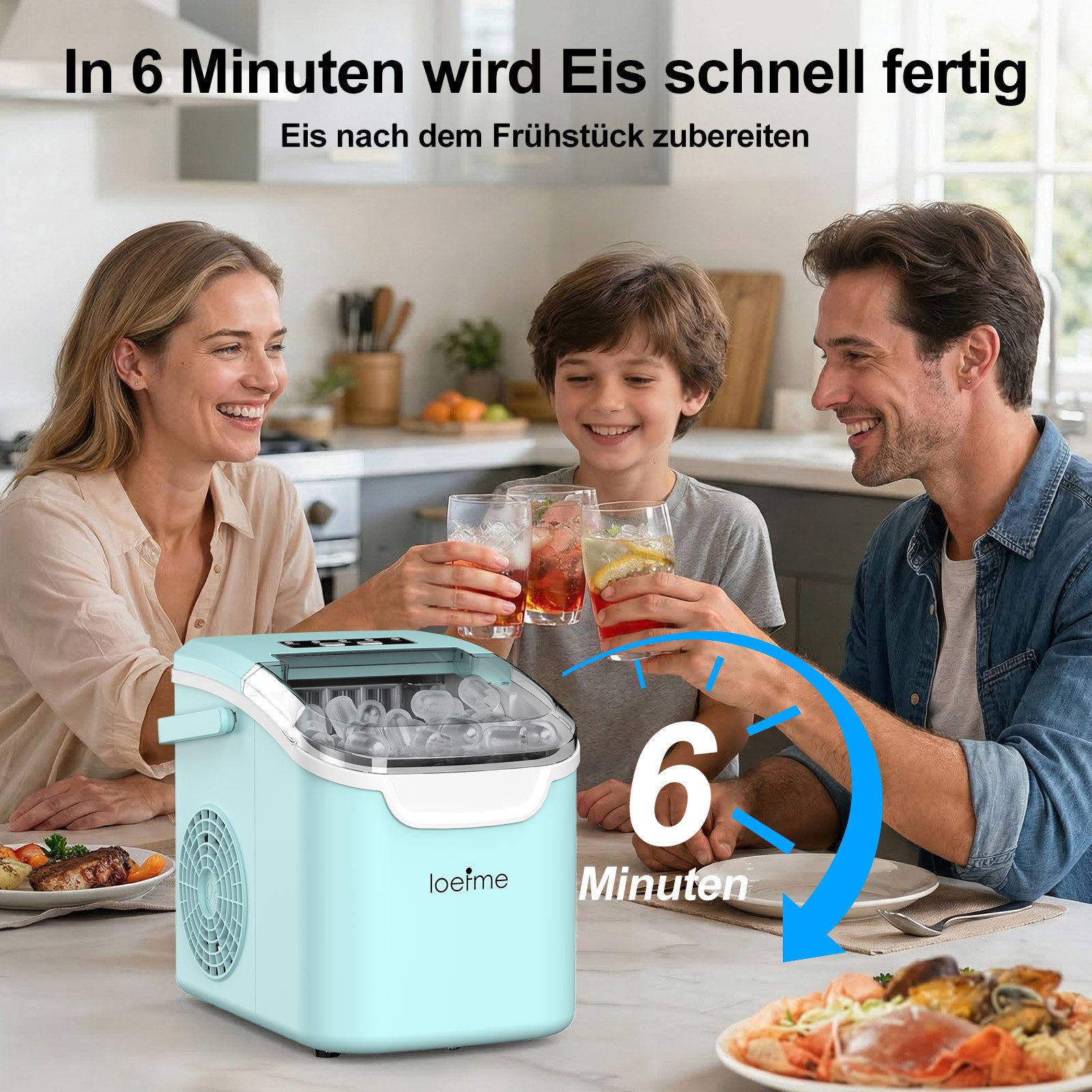 loefme Eiswürfelmaschine Tragbarer Eiswürfelbereiter, 6 Minuten Schnellproduktion, Selbstreinigung, leiser Betrieb, 12KG/24H, für Zuhause Party – Bild 3 von 5
