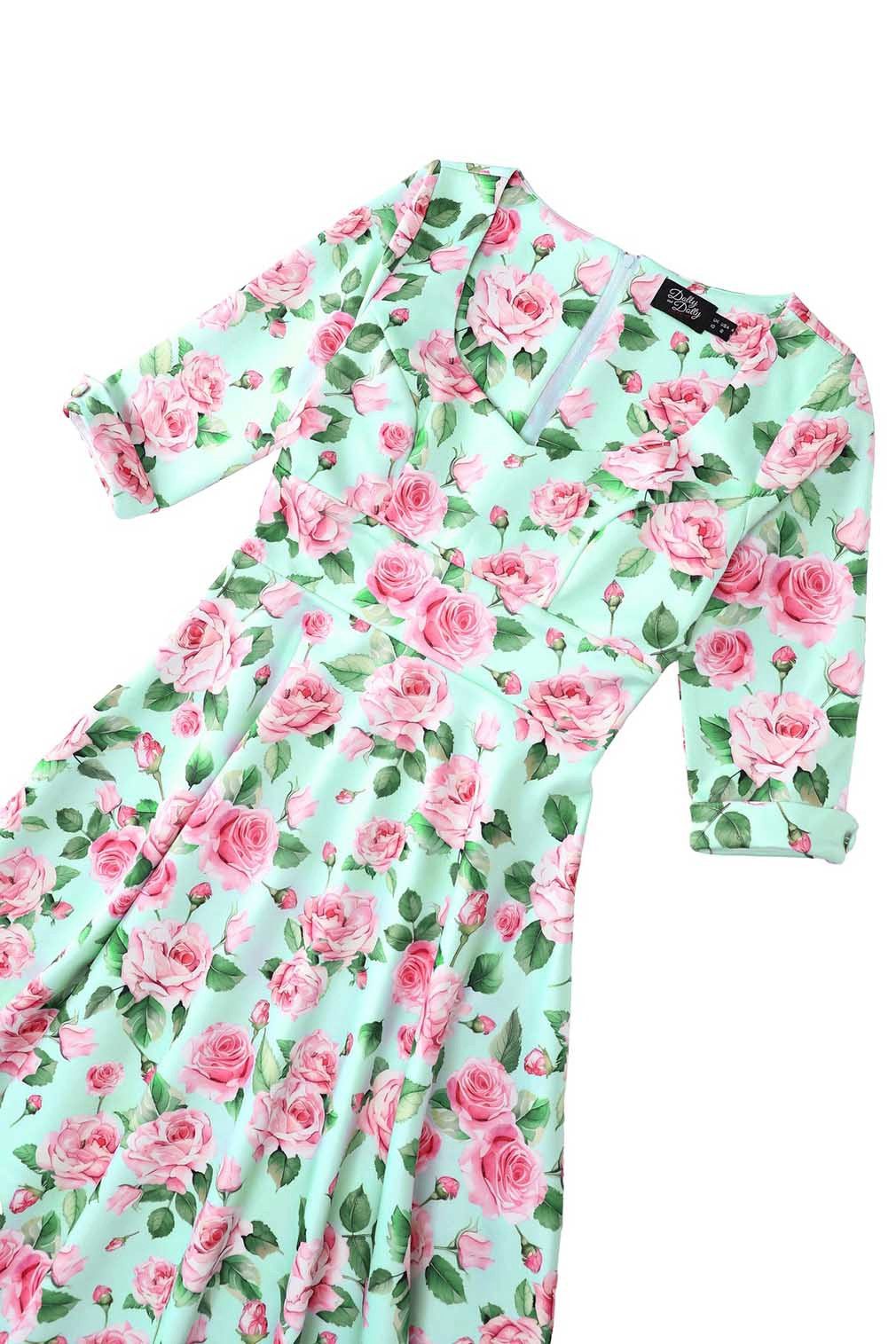 Dolly and Dotty A-Linien-Kleid Scarlette Baby Blue Pink Roses Retro Rockabilly 50er
