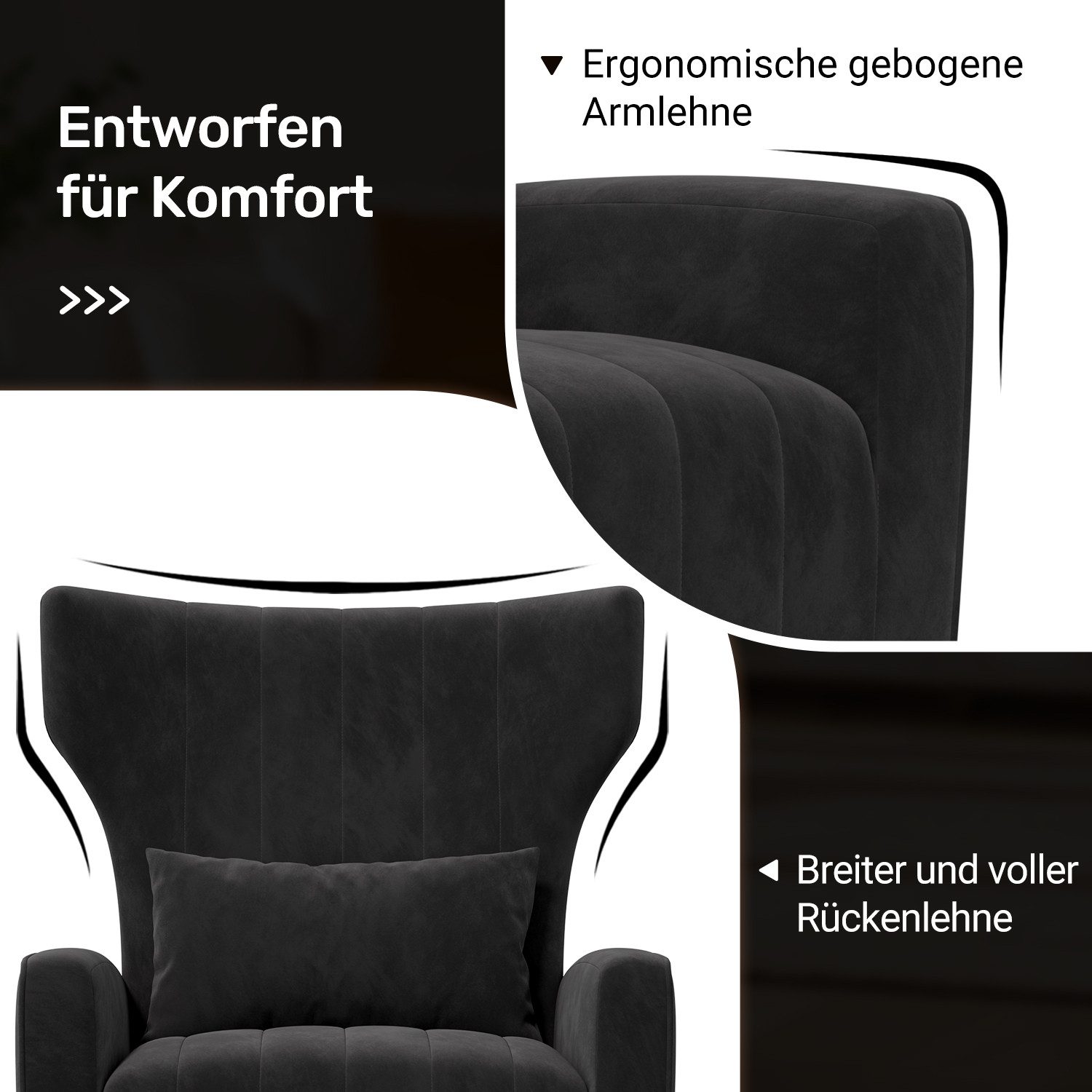 HawthyHome Ohrensessel mit Samtbezug Moderner Loungesessel– Hohe Rückenlehne, Zierkissen, goldfarbene Metallfüße