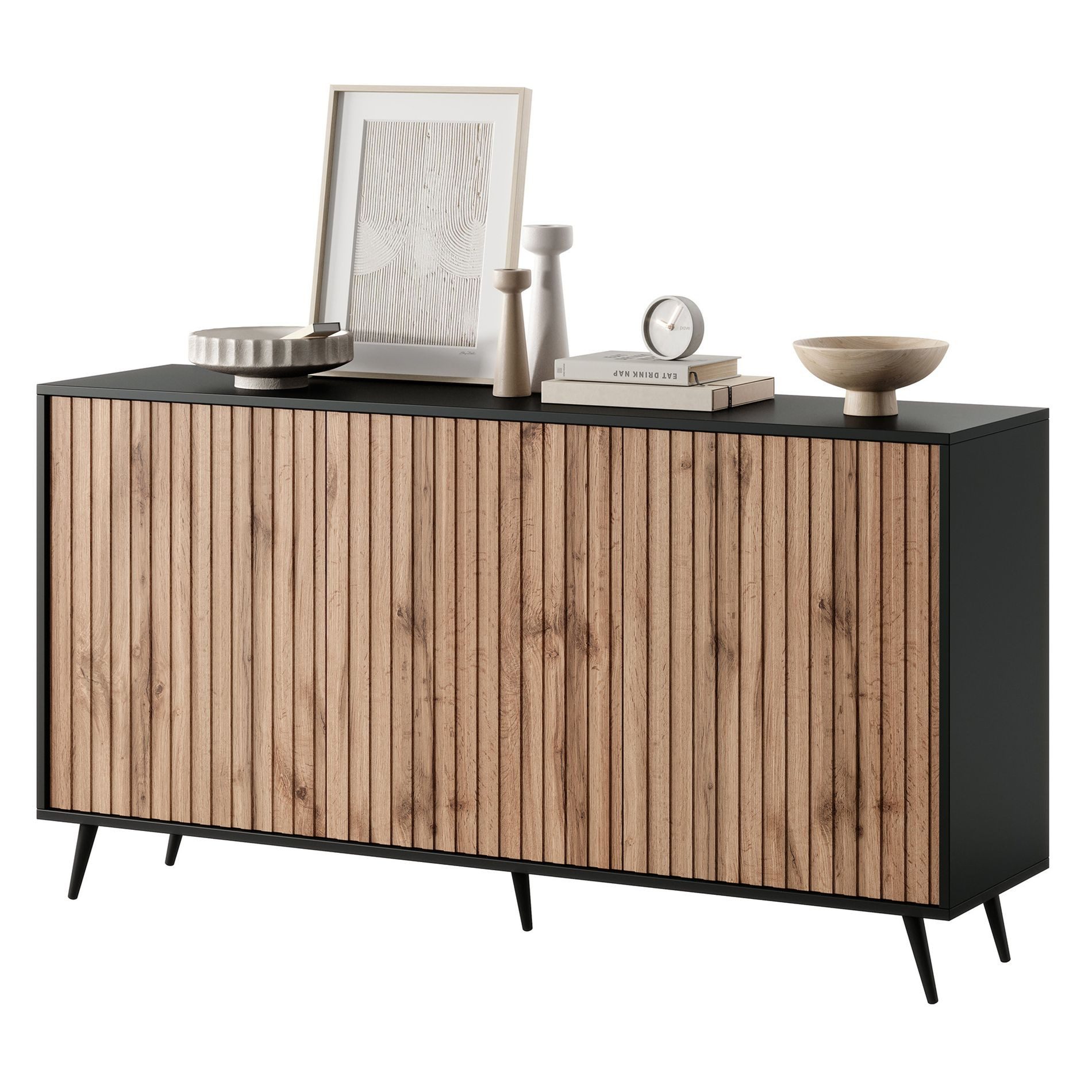 Selsey Sideboard BELLO, 3-türig mit Lamellenfronten und schwarzen Beinen, 154 cm