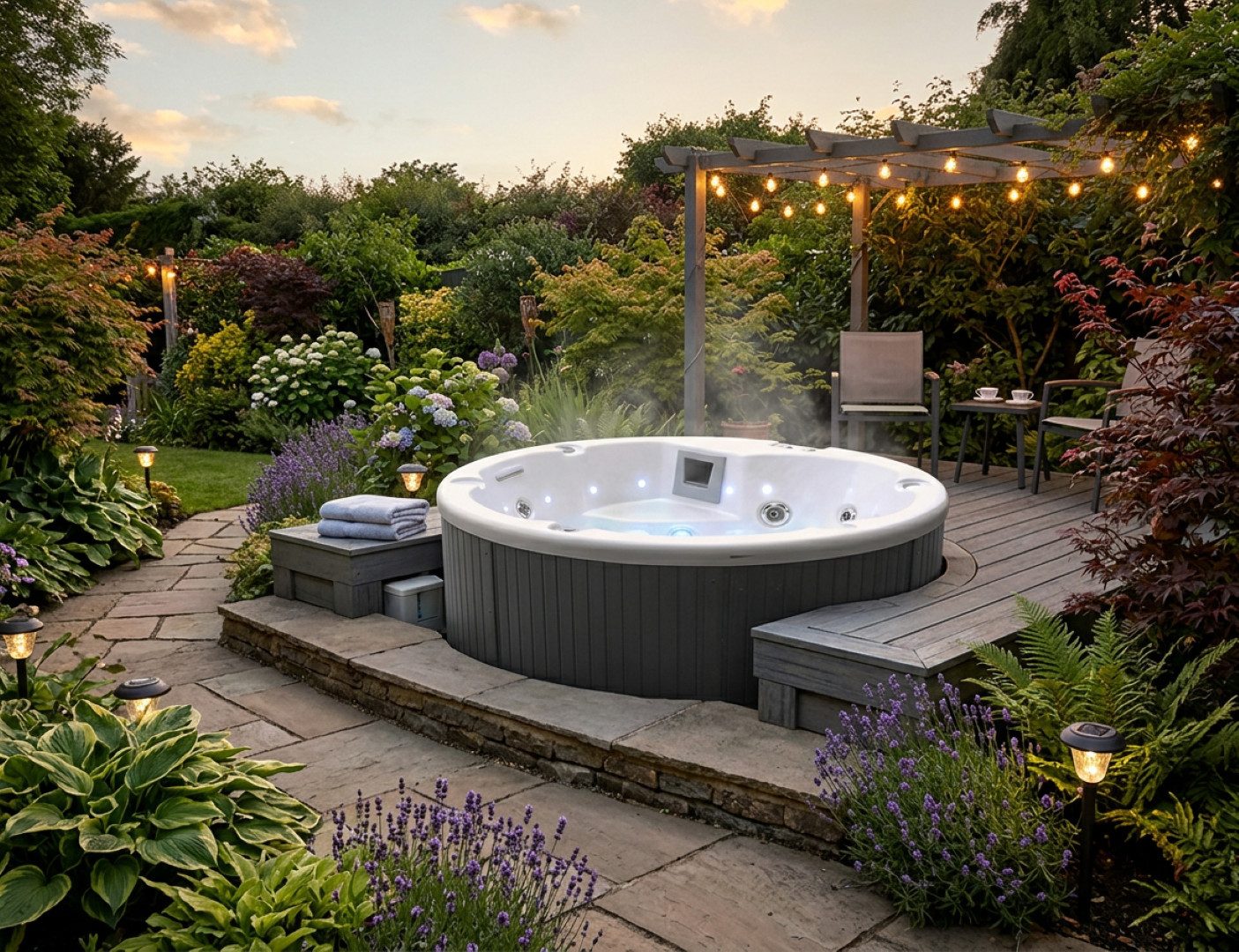 SPA Kompagniet Whirlpool Scandinavic Wood Art "Bornholm" Outdoor Whirlpool 5P Wasserfall Ø 182, Aufstellbecken, (Komplett inkl. Thermo-Cover, 1 Filter und Beleuchtung), inkl. Thermo-Cover, regulierbarem Wasserfall und 17 Düsen