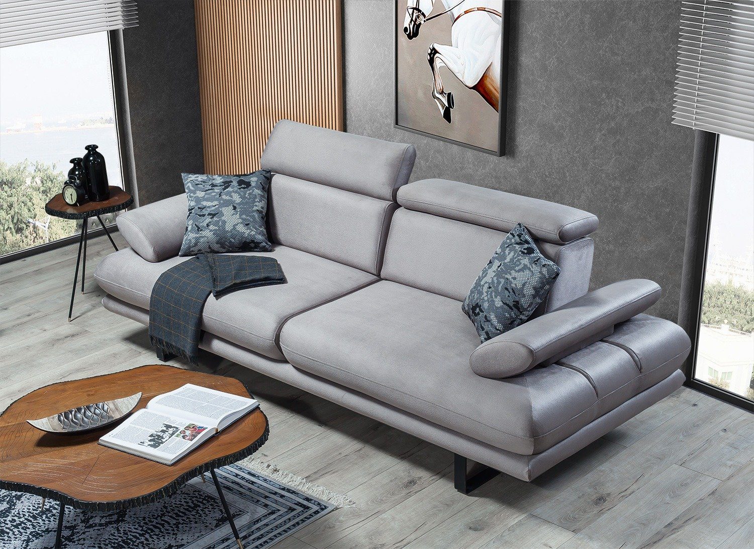 in Armlehnenverstellung Villa Hellgrau 1 Made und Energy, stylische Turkey, 2-Sitzer, Sitztiefen- Möbel Stk. Quality Sofa