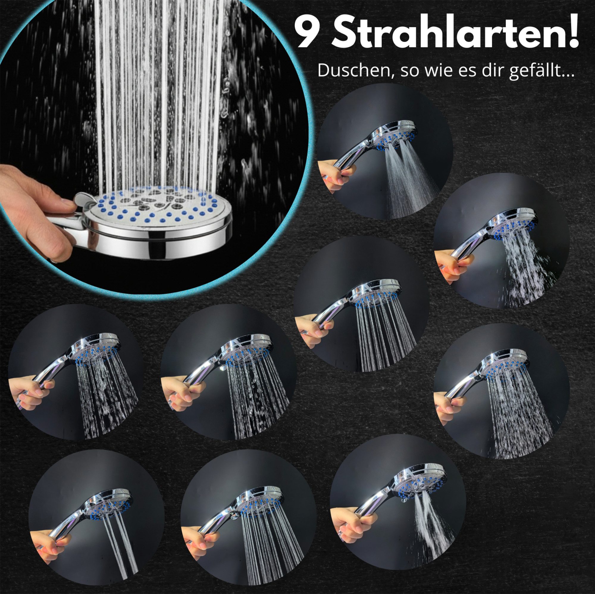 Blumbach Handbrause - Duschkopf Energy Rain, (Hochdruck Duschkopf wassersparend + druckerhöhend), mit 9 außergewöhnlichen Strahlarten