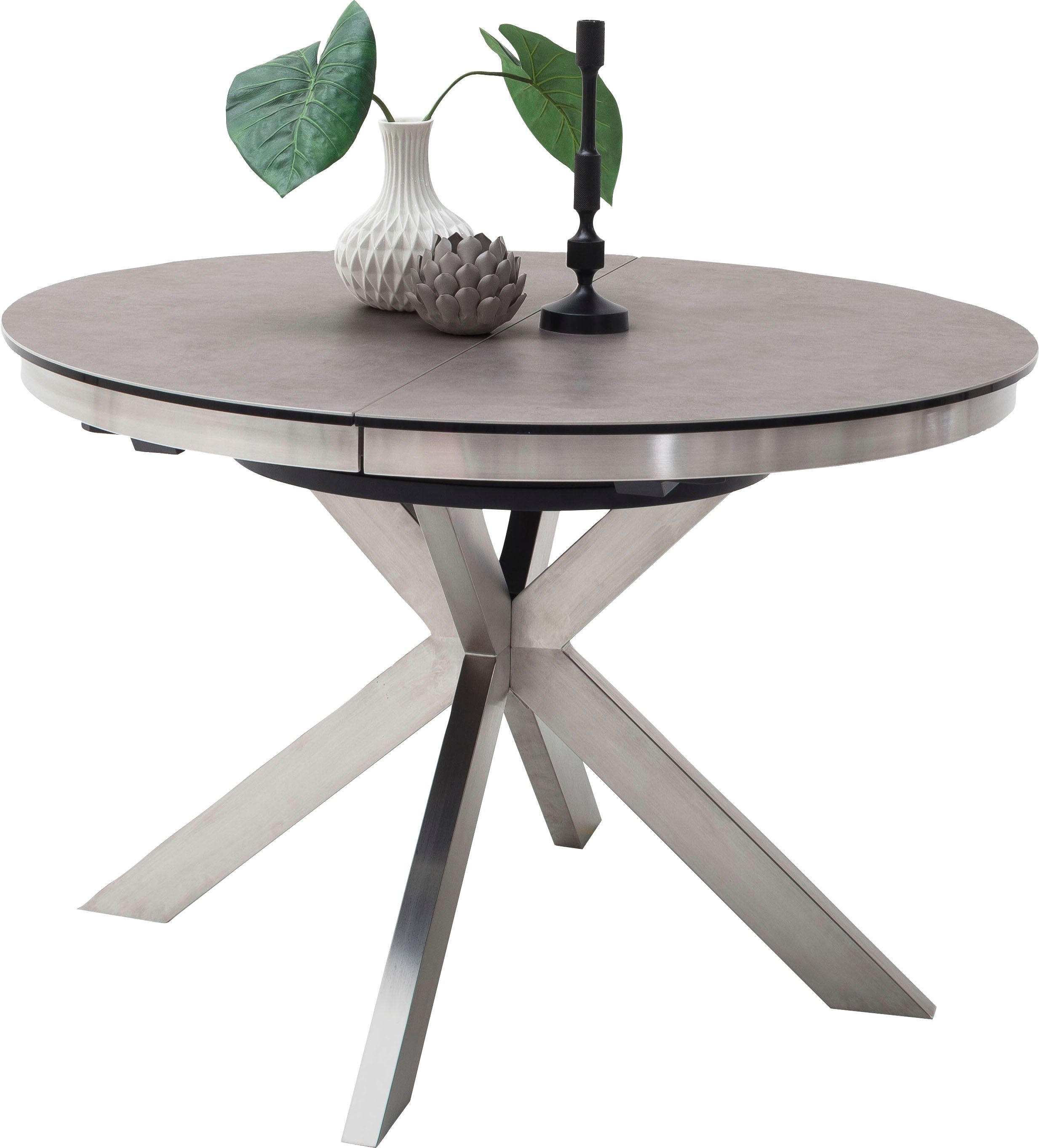 MCA furniture Esstisch Winnipeg, Tisch ausziehbar, Edelstahl mit rund Glas Synchronauszug Keramik
