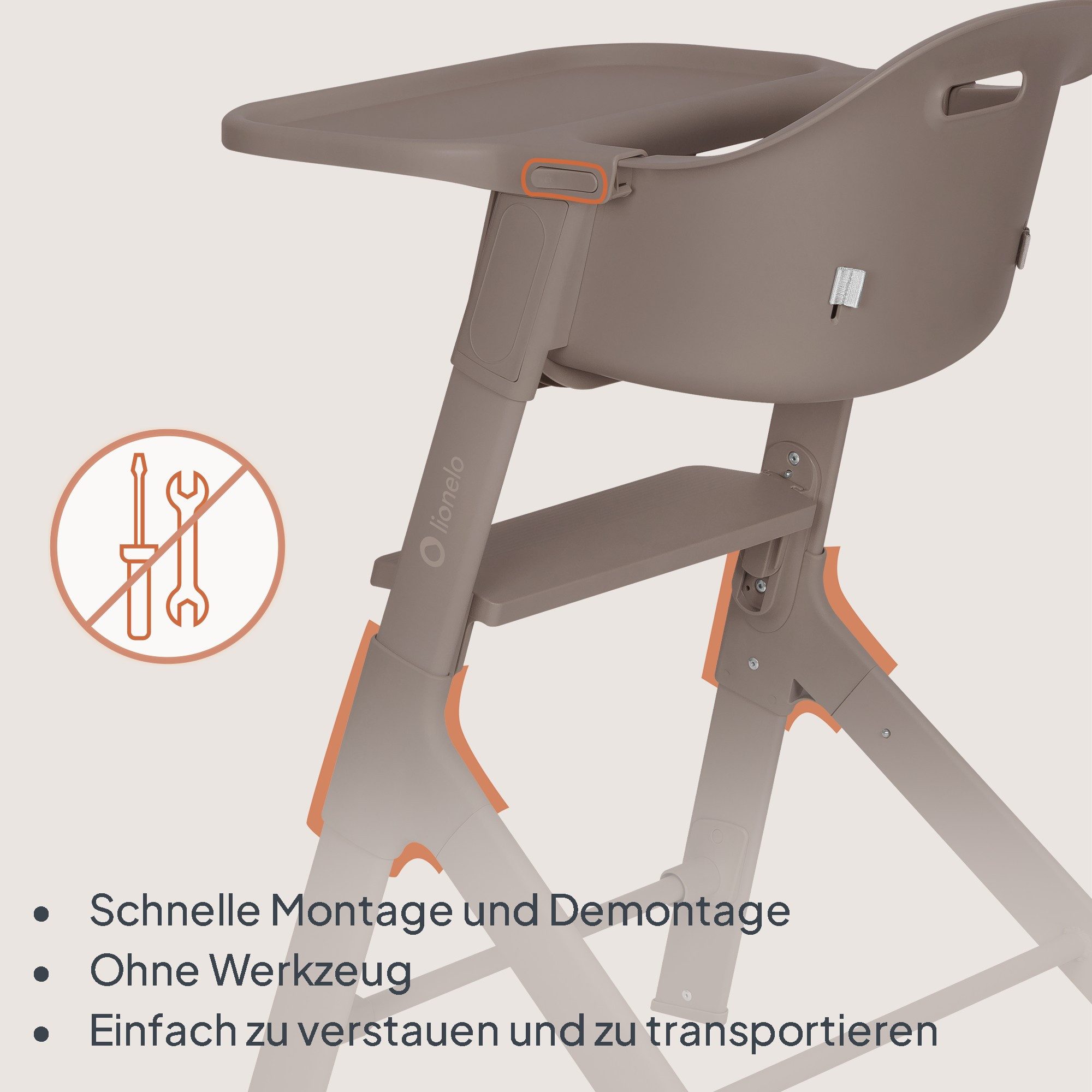 lionelo Hochstuhl BENY (4-teiliges Set), 2-fach Tablett/2-fach Fußstütze/3-Punkt-Gurt/Werkzeuglos – Bild 5 von 5